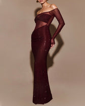Off Shoulder Long Sleeve Sequin Mesh Maxi Dress 4