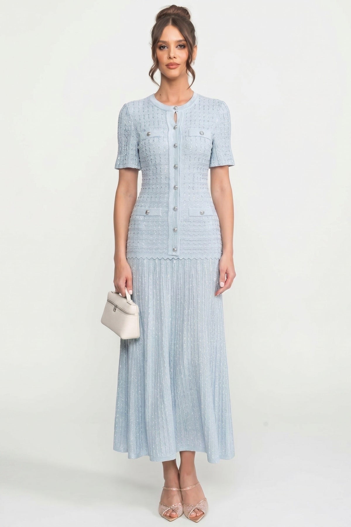 Crew Neck Short Sleeve Jewel Button Front Pointelle Knit Maxi Dress