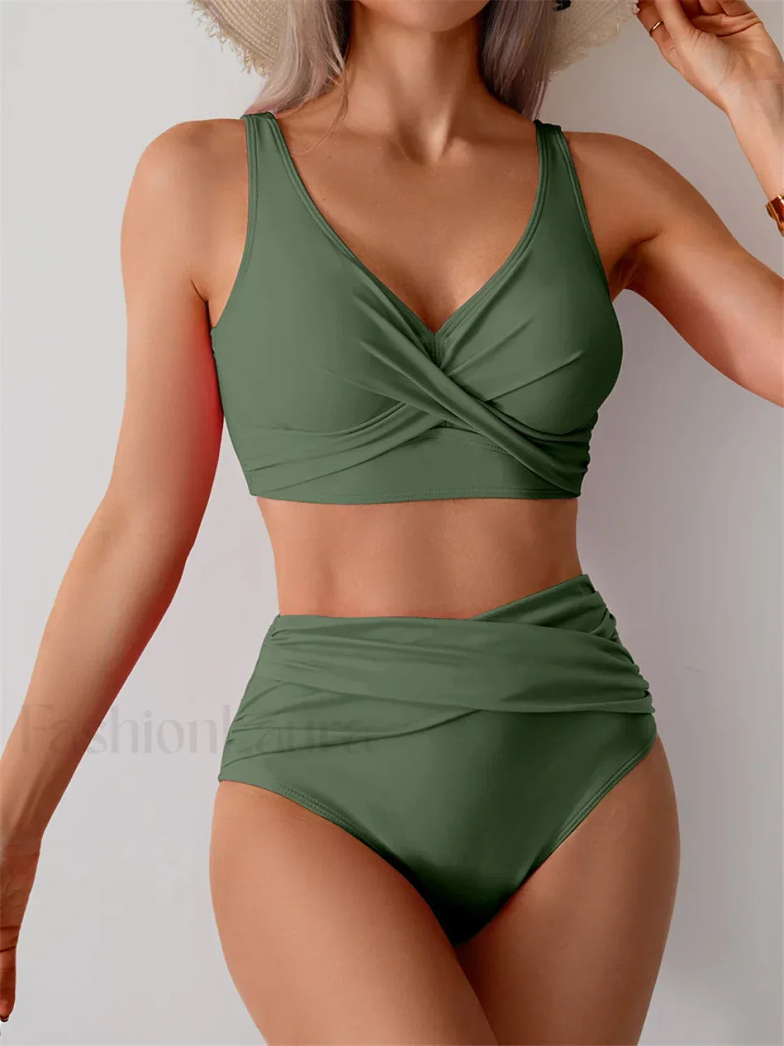 Front Cross High Waist Bikini Set Military Green / S