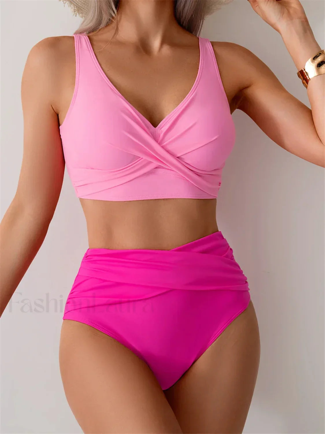 Front Cross High Waist Bikini Set Rose Red / S