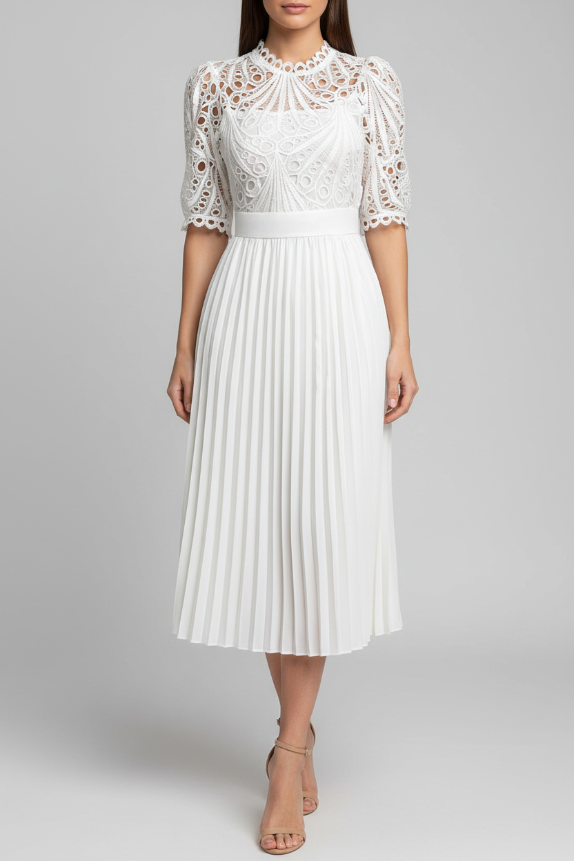 Elegant Pleated Lace Wedding Guest Dress with Cap Sleeves & Midi Lengt