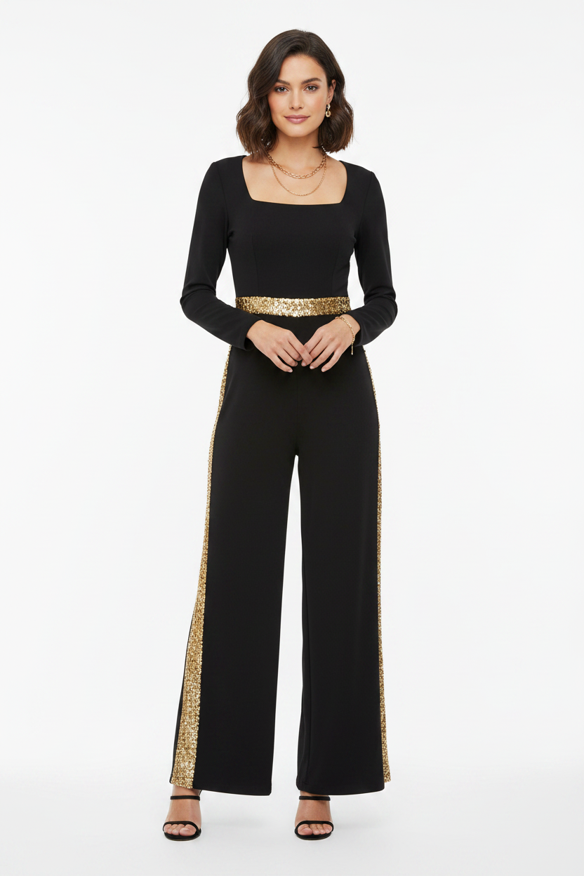 Elegant Gold Sequin Jumpsuit with Flattering Fit and Adjustable Straps