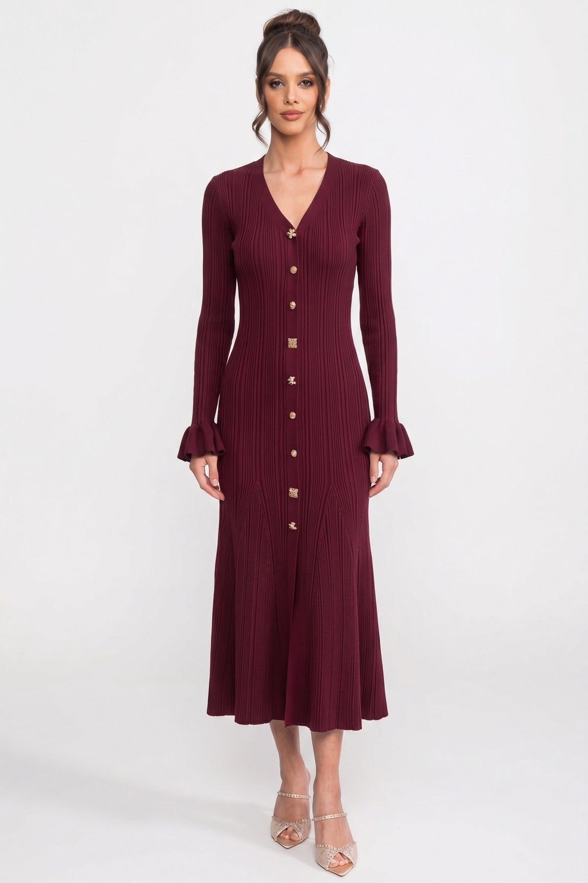 V-Neck Long Sleeve Ruffle Cuff Button Front Ribbed Knit Midi Dress