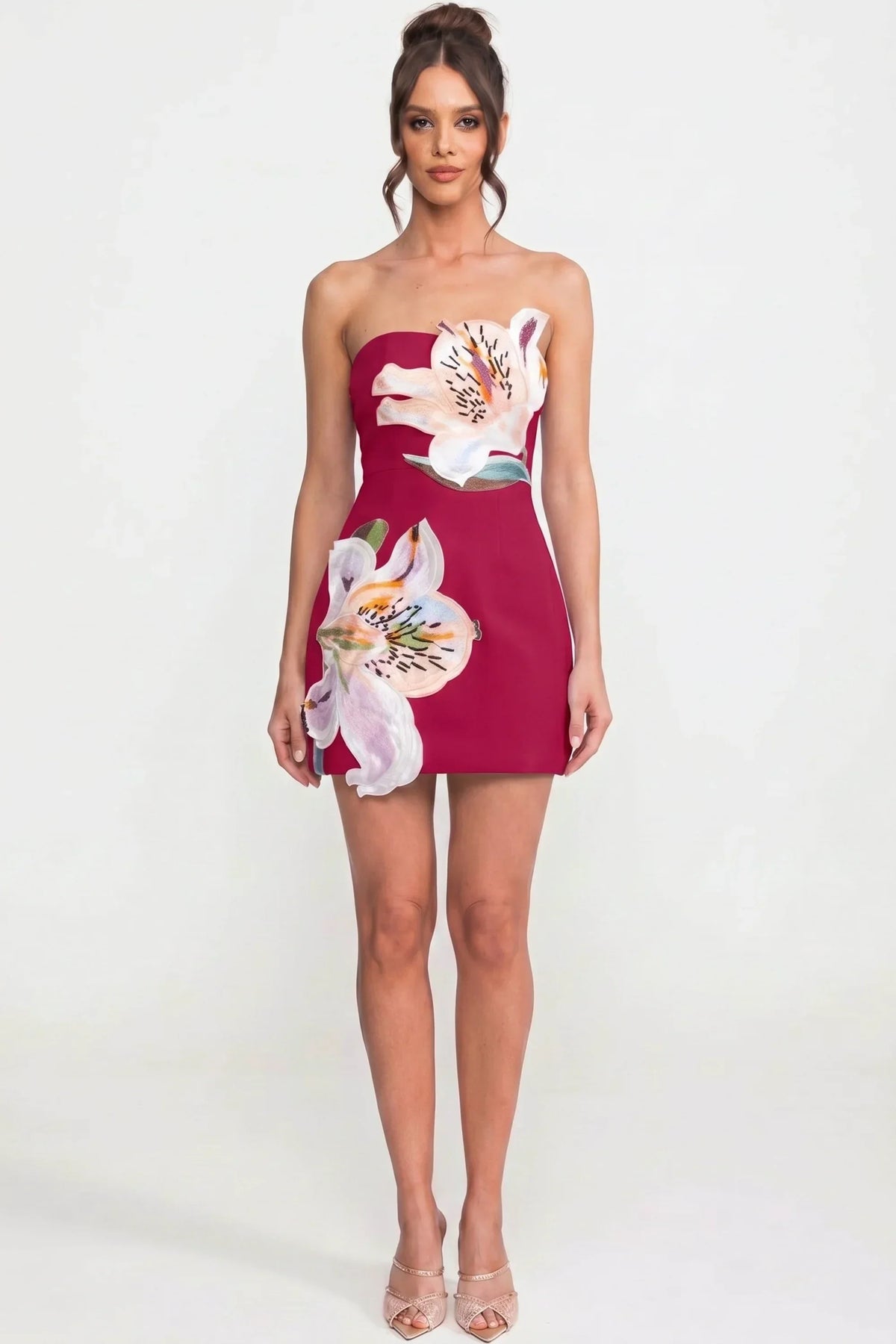 Strapless Lily Floral Print Cut Out Waist Mini Dress