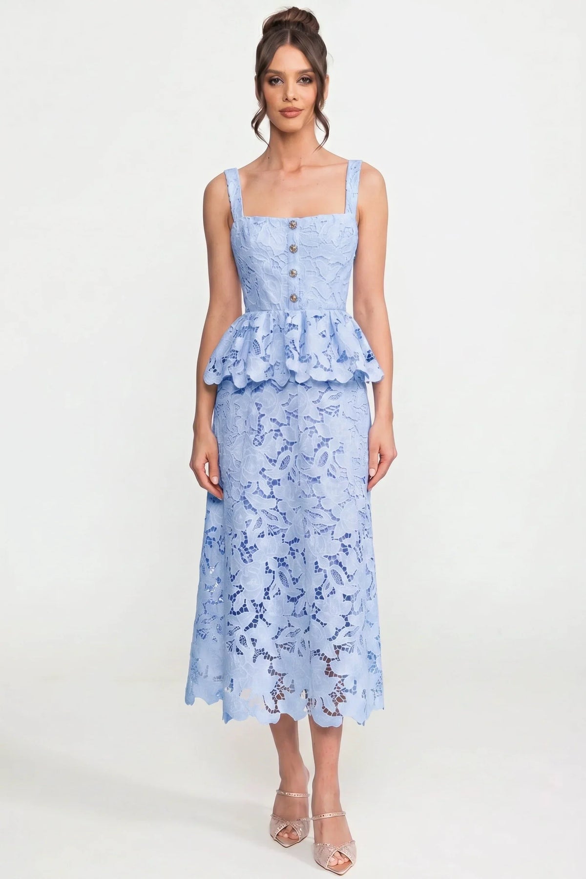 Square Neck Button Front Scallop Lace Peplum Midi Dress