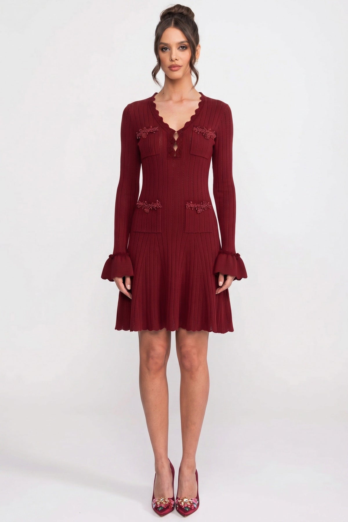 Scalloped V-Neck Long Sleeve Ruffle Cuff Ribbed Knit Flare Mini Dress