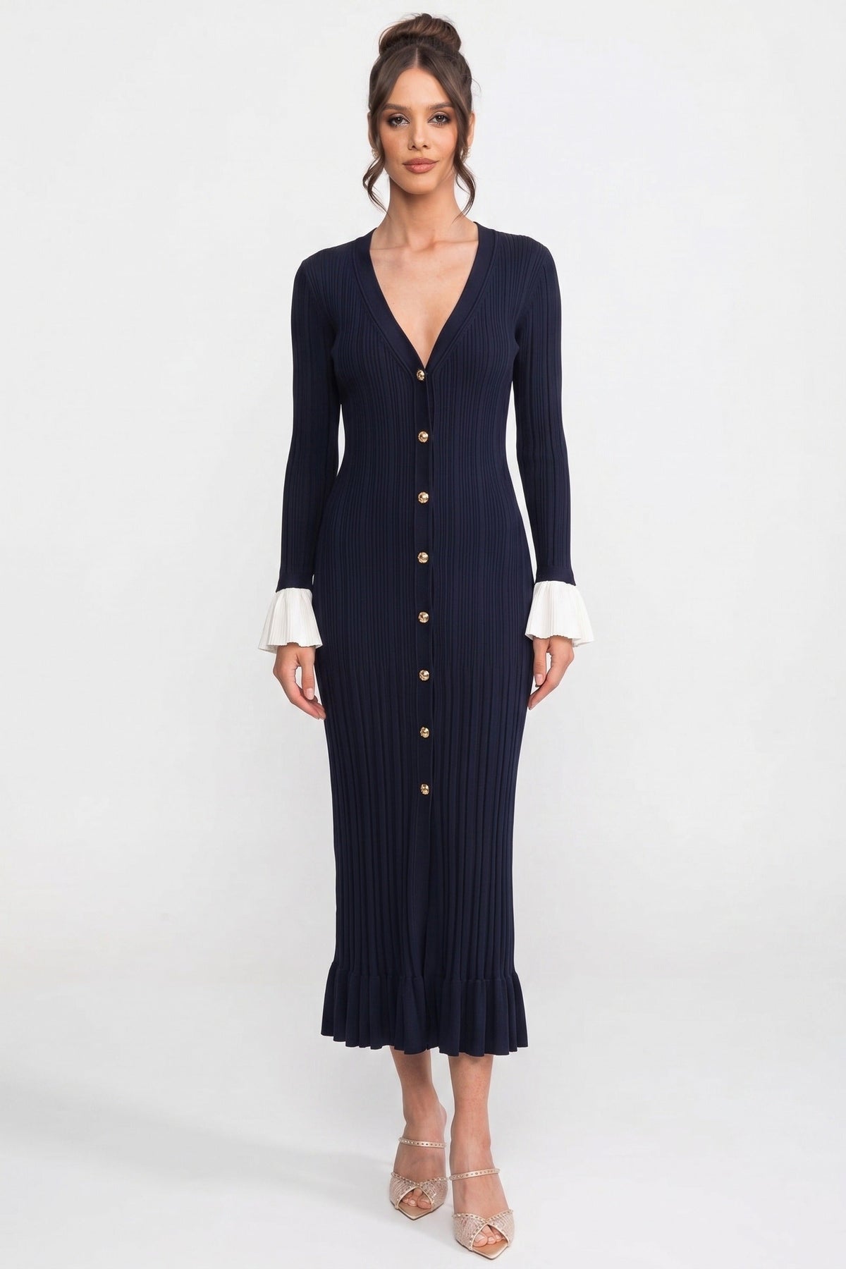 V-Neck Long Sleeve Button Front Contrast Cuff Ribbed Knit Ruffle Hem Midi Dress