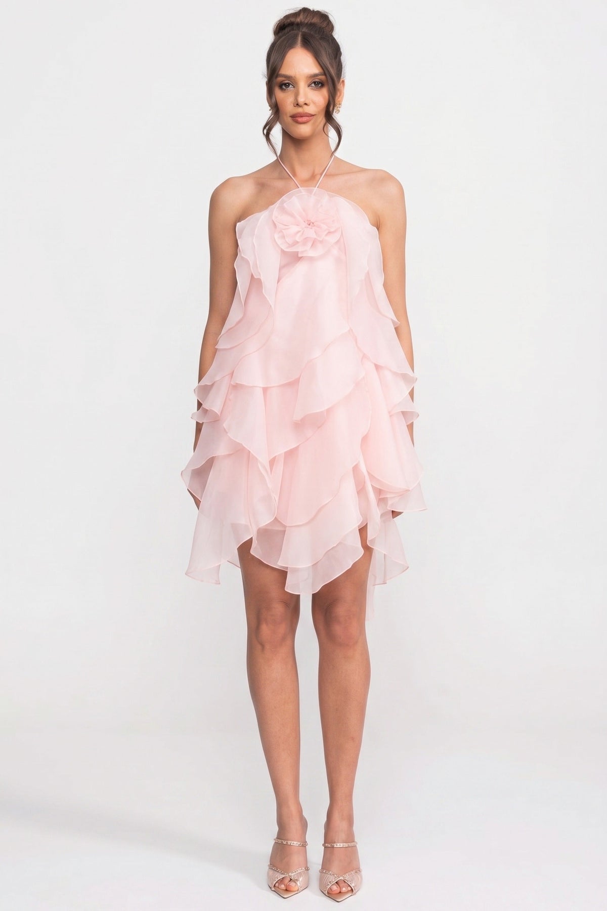 Halter Neck Rosette Tiered Ruffle Organza Mini Dress 4