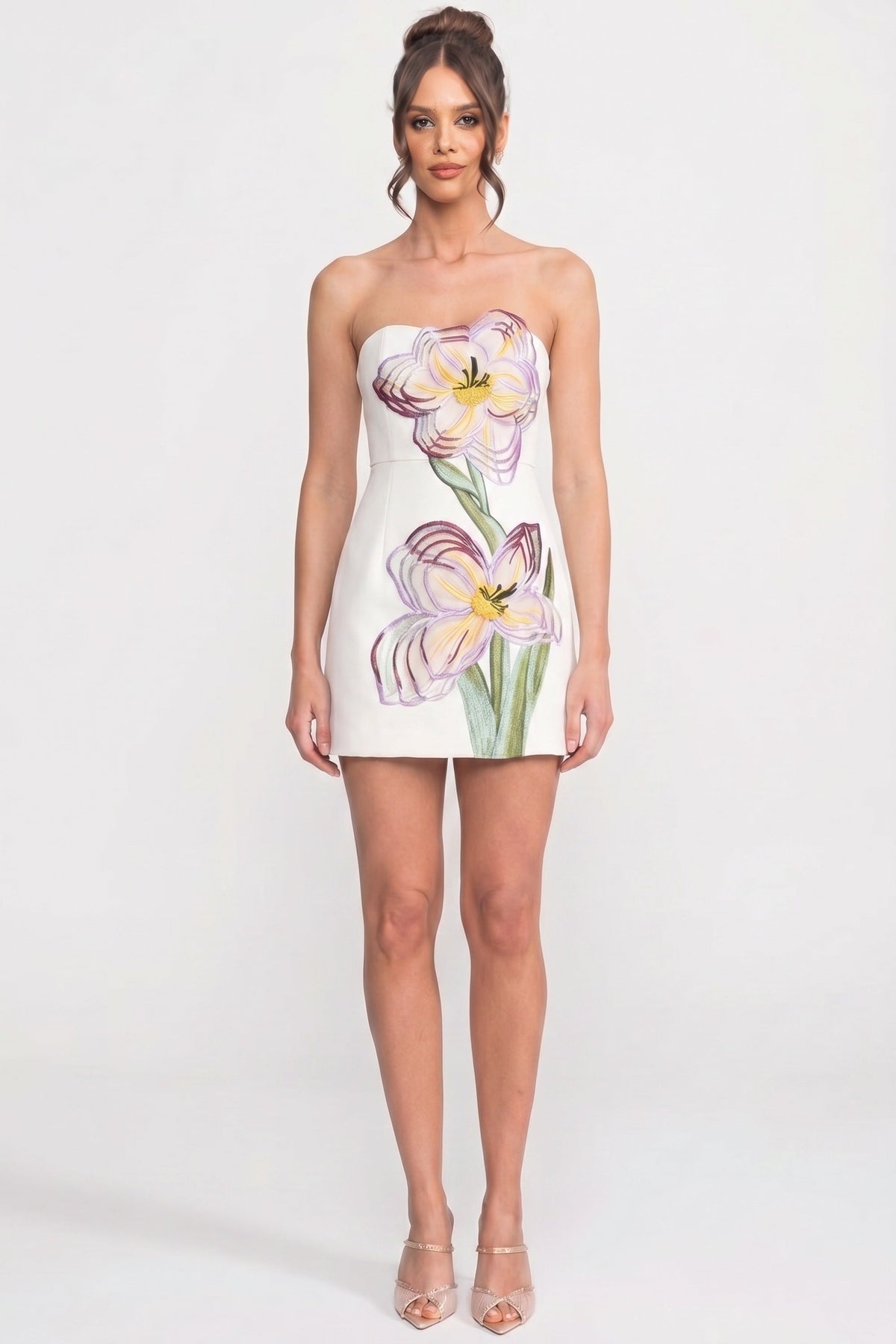 Strapless Floral Embroidered Straight Neck Fitted Mini Dress 4