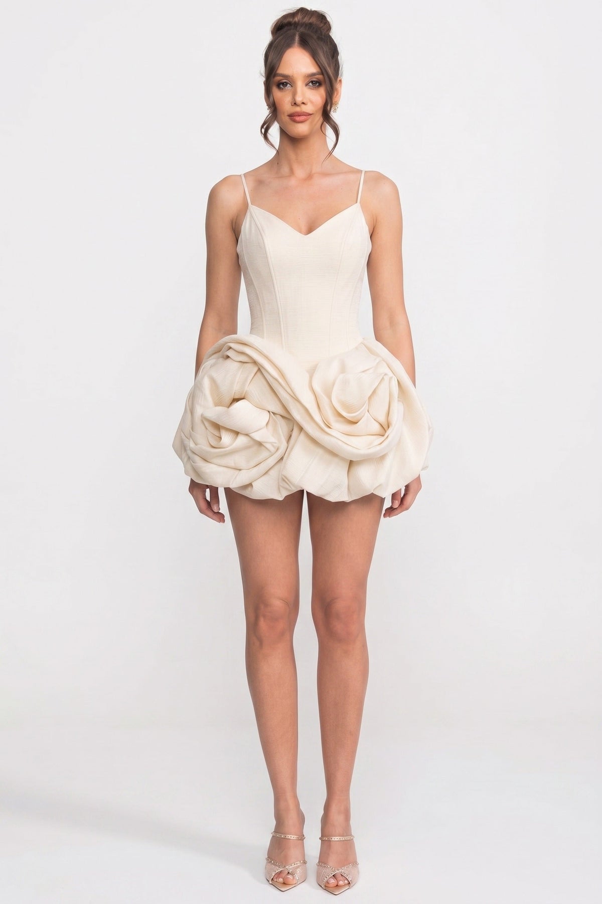 Spaghetti Strap V-Neck Corset Bodice Rosette Skirt Mini Dress 3