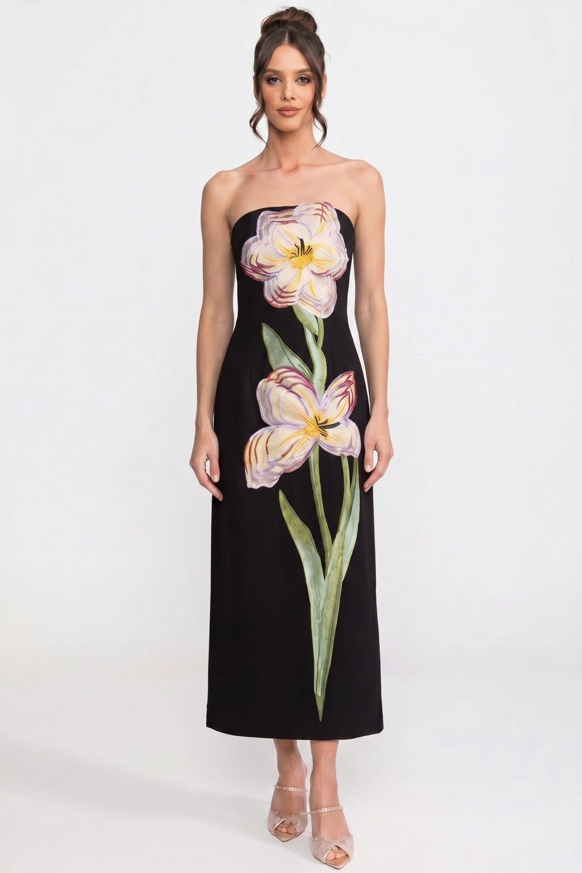 Strapless Tulip Floral Applique Column Midi Dress