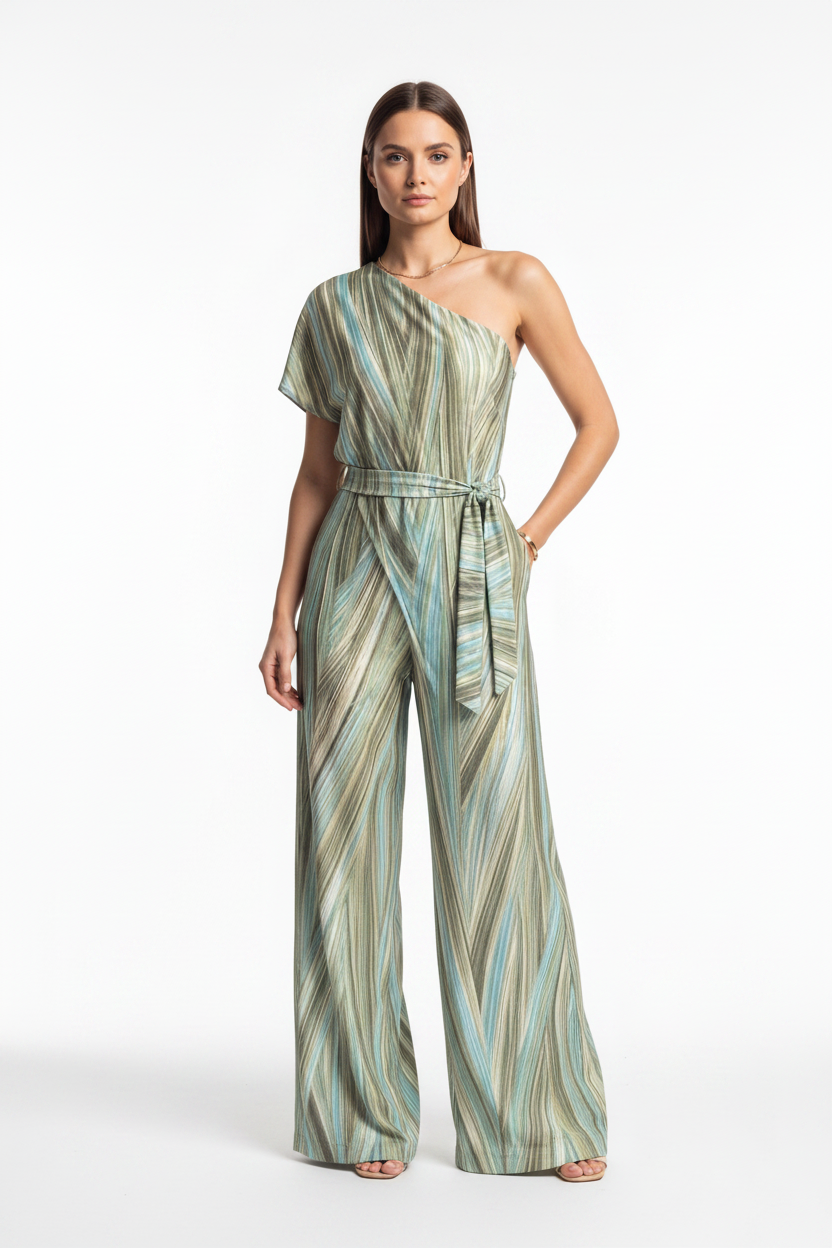 Elegant Abstract Print Wide Leg Jumpsuit with Pockets and Belted Waist