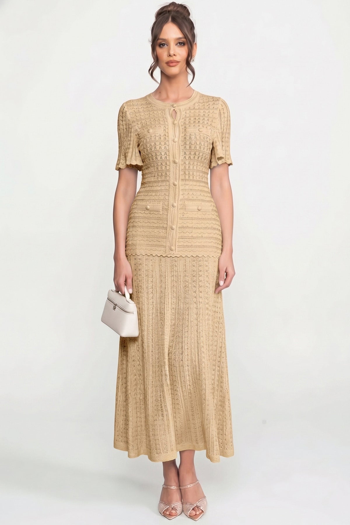 Crew Neck Flutter Sleeve Button Front Pointelle Knit Maxi Dress