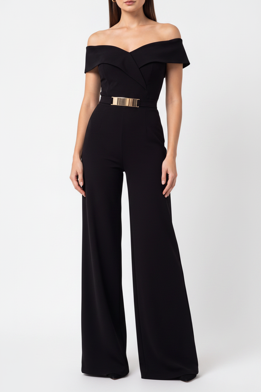 Women's Black Wide-Leg Off-Shoulder Jumpsuit for Cocktail Party & Wedding Guest