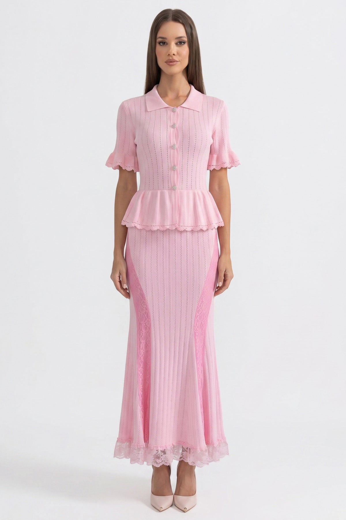 Polo Collar Short Sleeve Pointelle Knit Peplum Lace Hem Maxi Dress