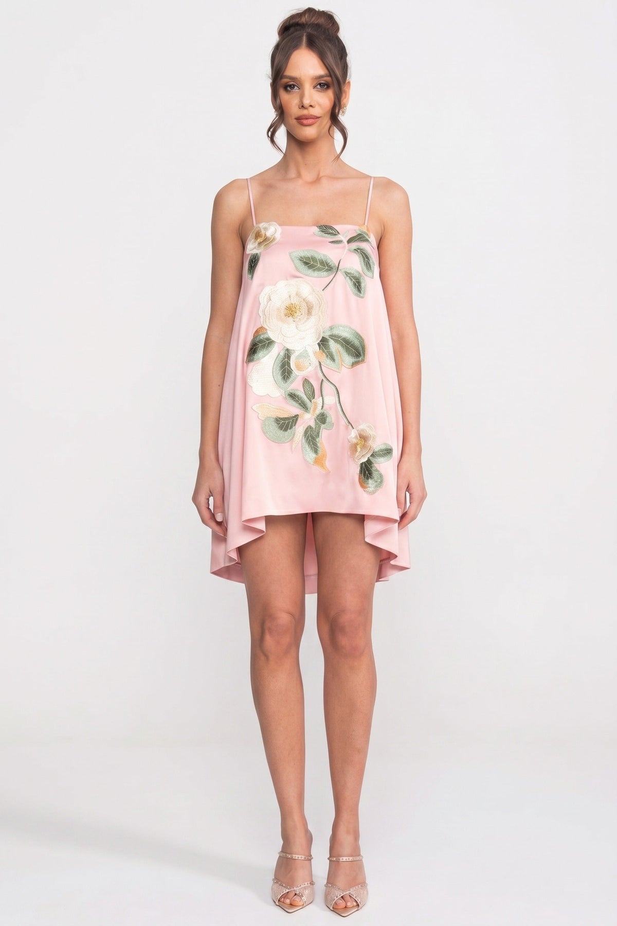 Satin Floral Applique Square Neck Spaghetti Strap Swing Mini Dress 3