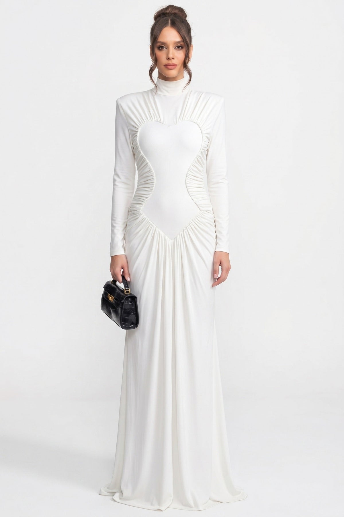 Mock Neck Long Sleeve Heart Panel Ruched Draped Maxi Gown 3