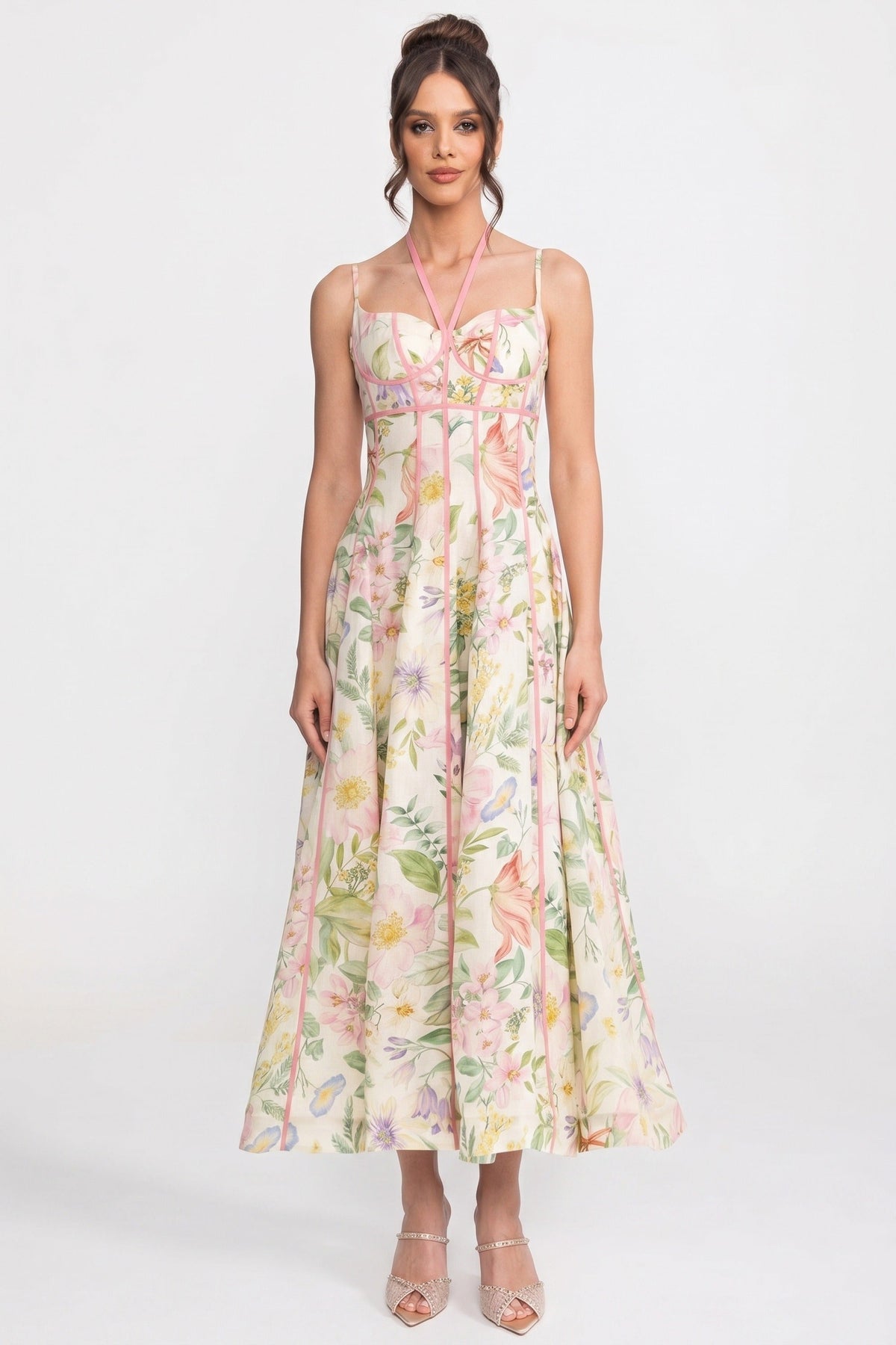 Floral Print Sweetheart Neck Contrast Piping Corset Fit and Flare Midi Dress