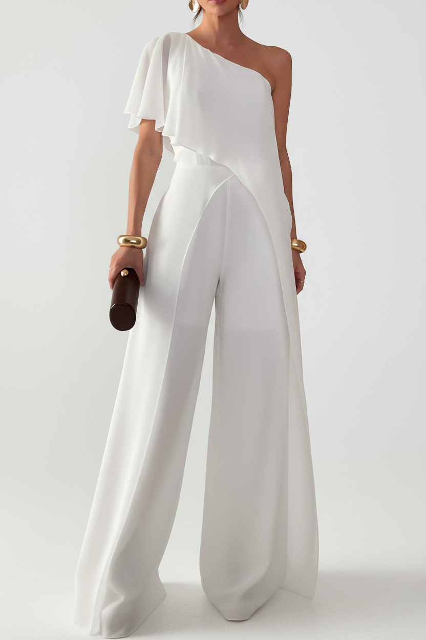 White One-Shoulder Wide-Leg Jumpsuit with Draped Overlay Elegant Evening Outfit with Pockets and Adjustable Straps