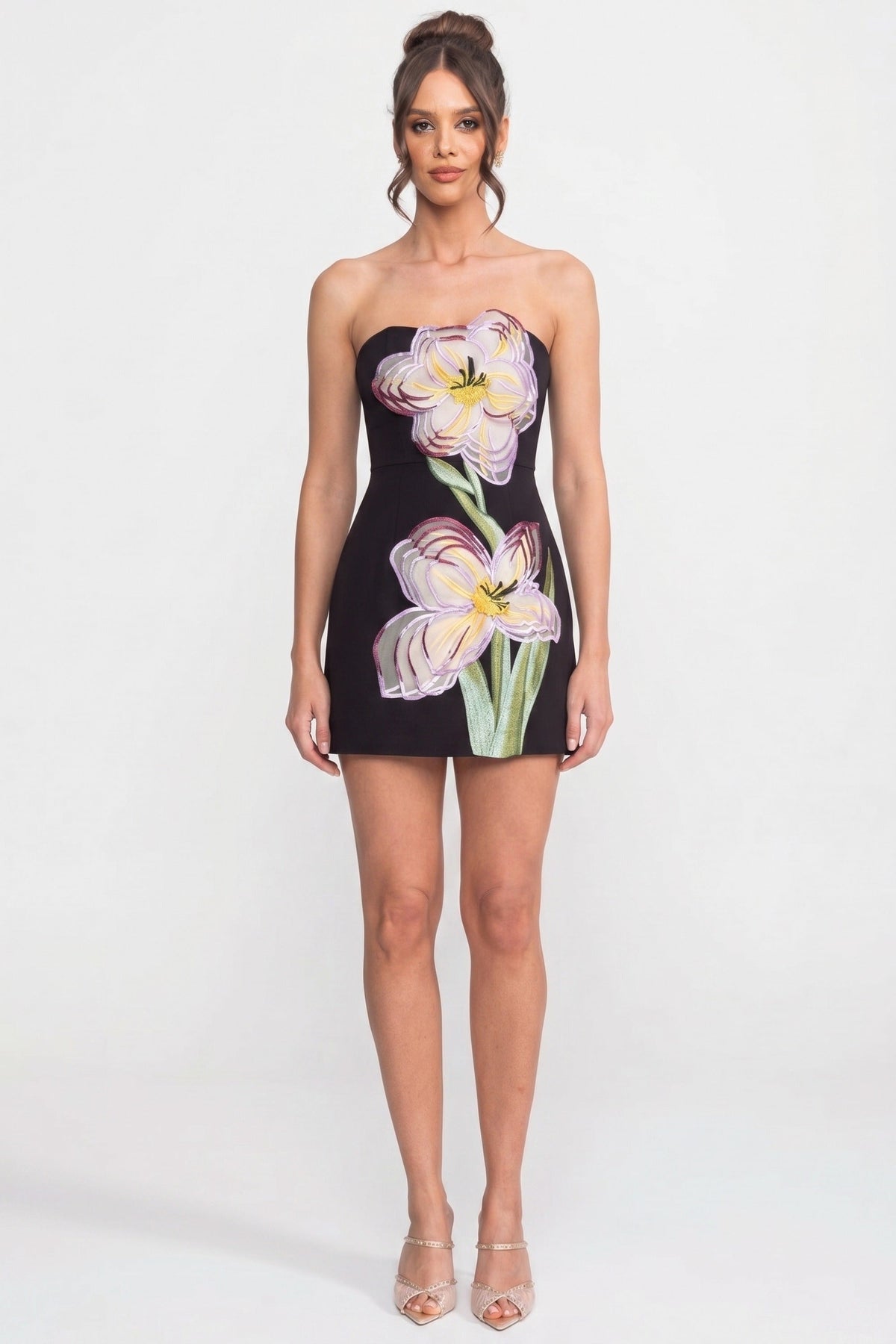 Strapless Floral Embroidered Straight Neck Fitted Mini Dress 6