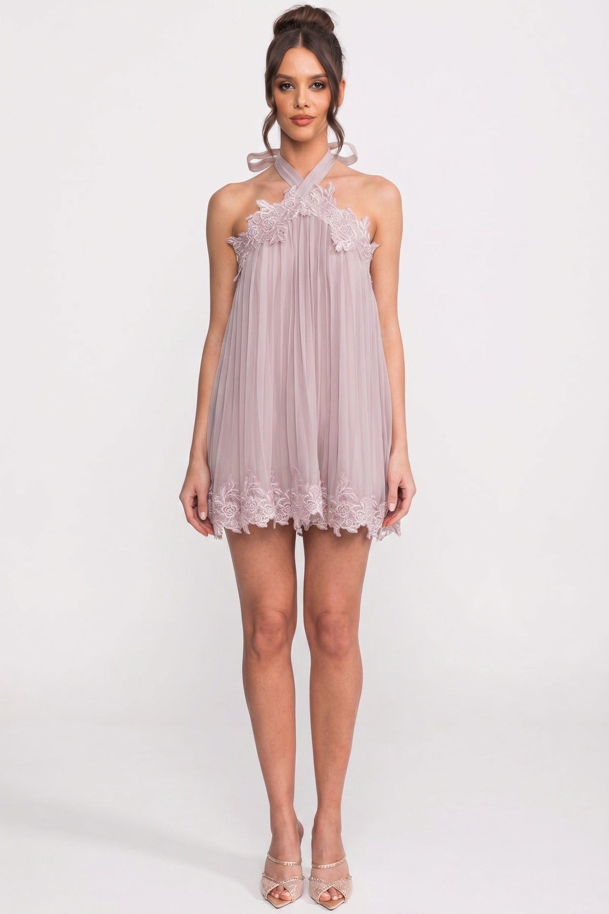 Halter Neck Pleated Chiffon Lace Trim Trapeze Mini Dress