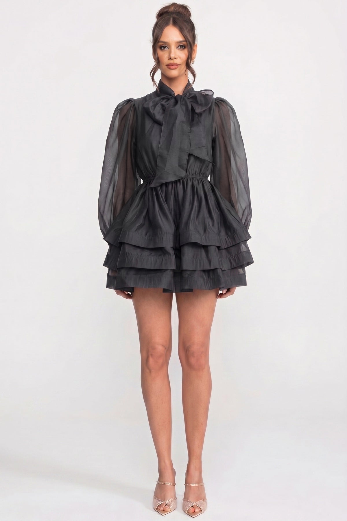 Bow Tie Neck Sheer Puff Sleeve Organza Tiered Ruffle Mini Dress 4