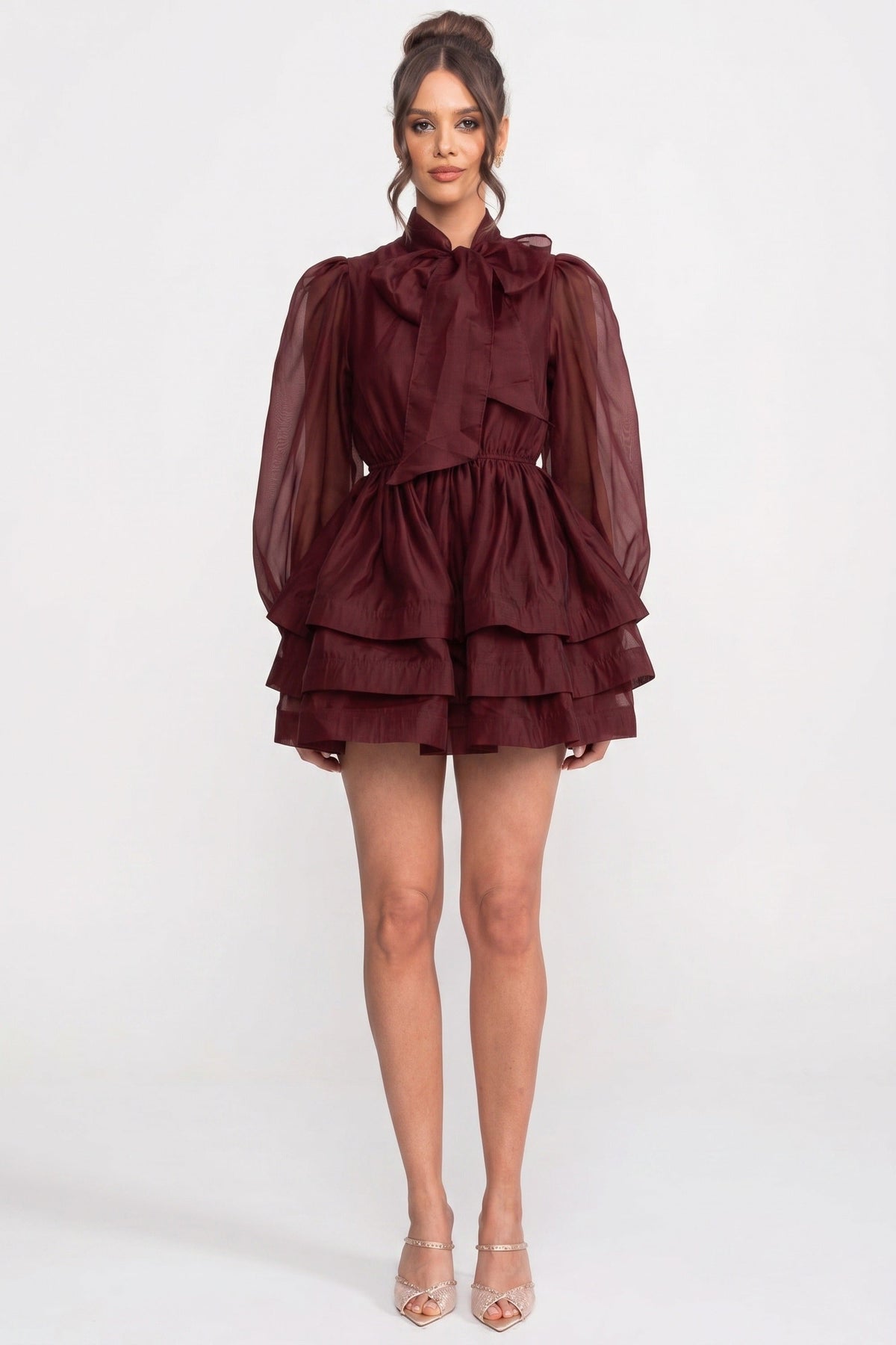 Bow Tie Neck Sheer Puff Sleeve Organza Tiered Ruffle Mini Dress 4