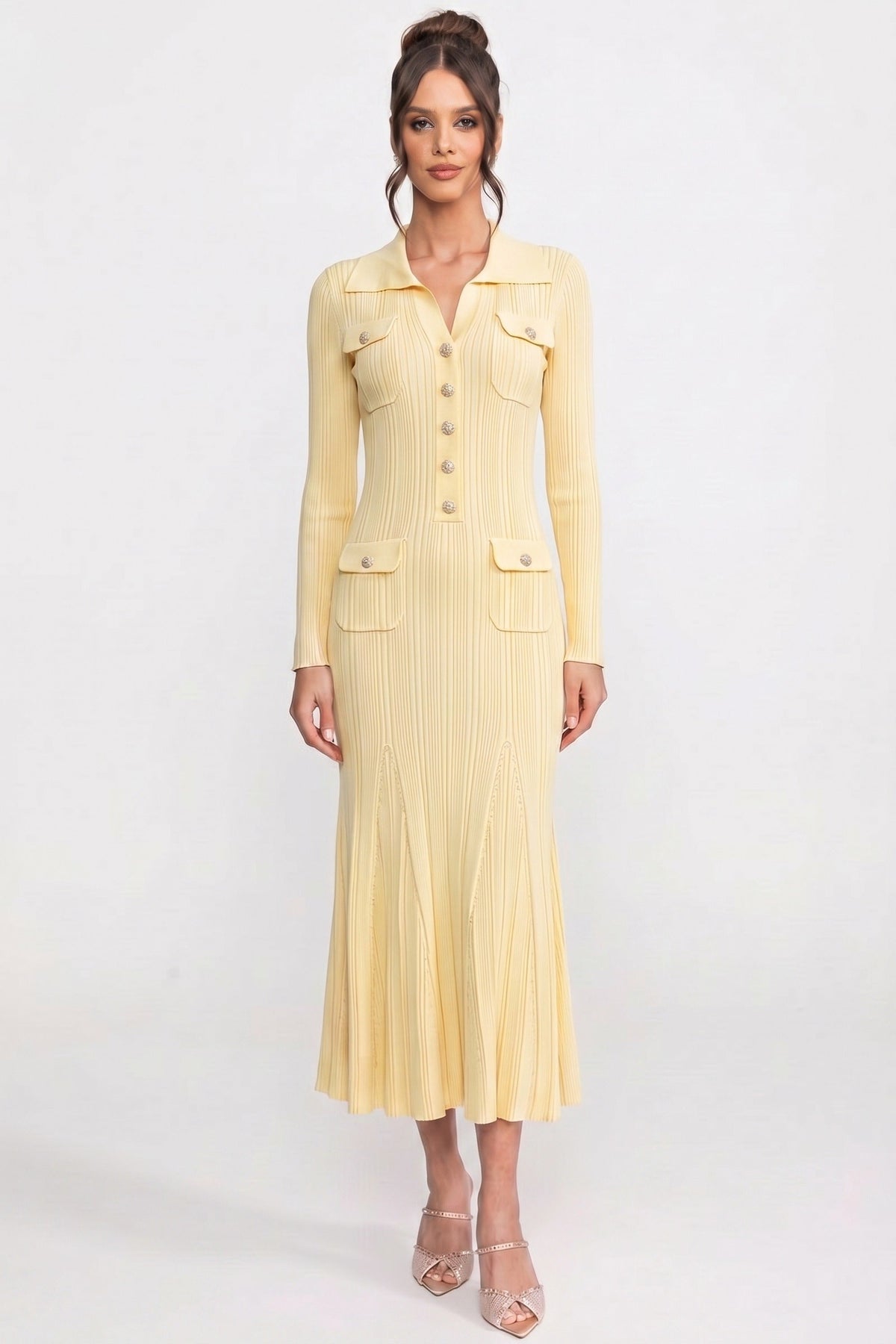 Collared Long Sleeve Button Front Ribbed Knit Flap Pocket Flare Midi Dress