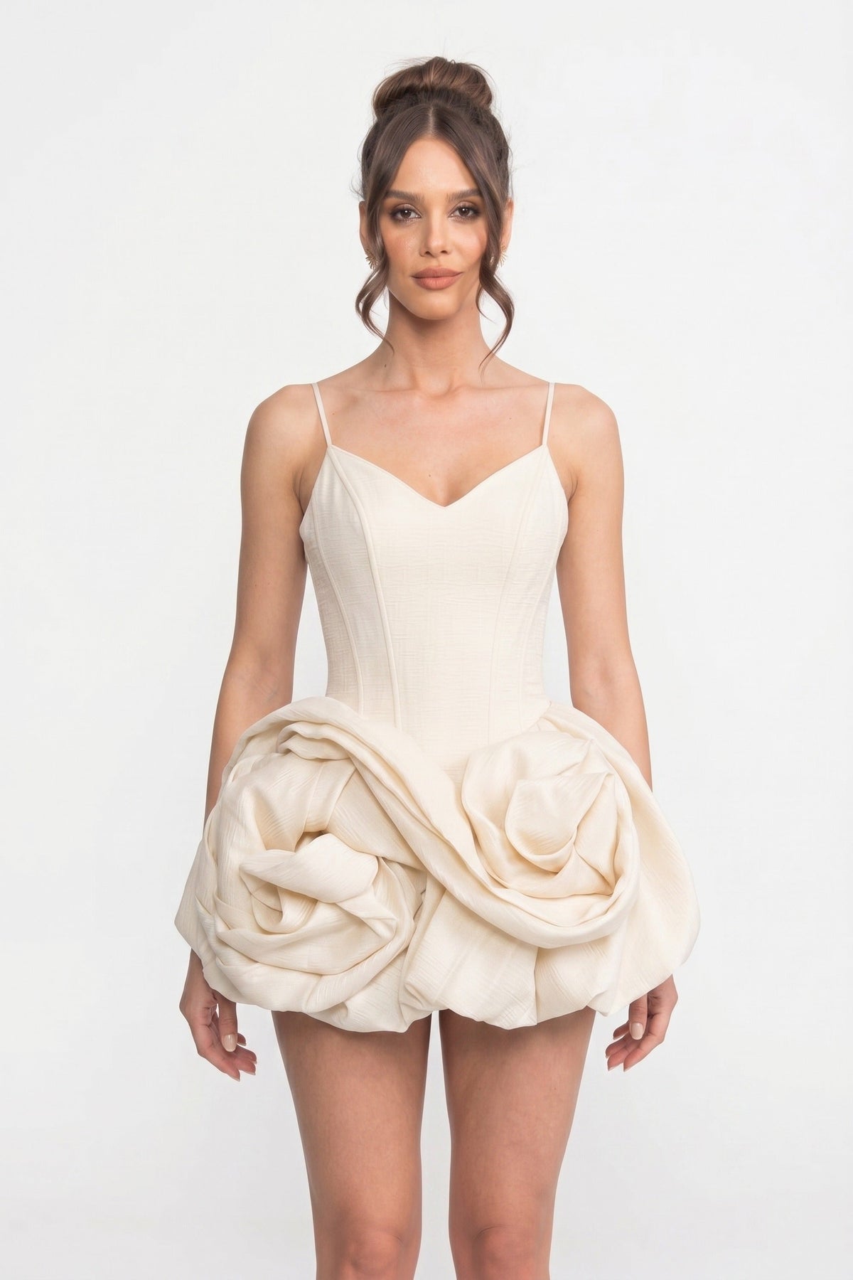 Spaghetti Strap V-Neck Corset Bodice Rosette Skirt Mini Dress