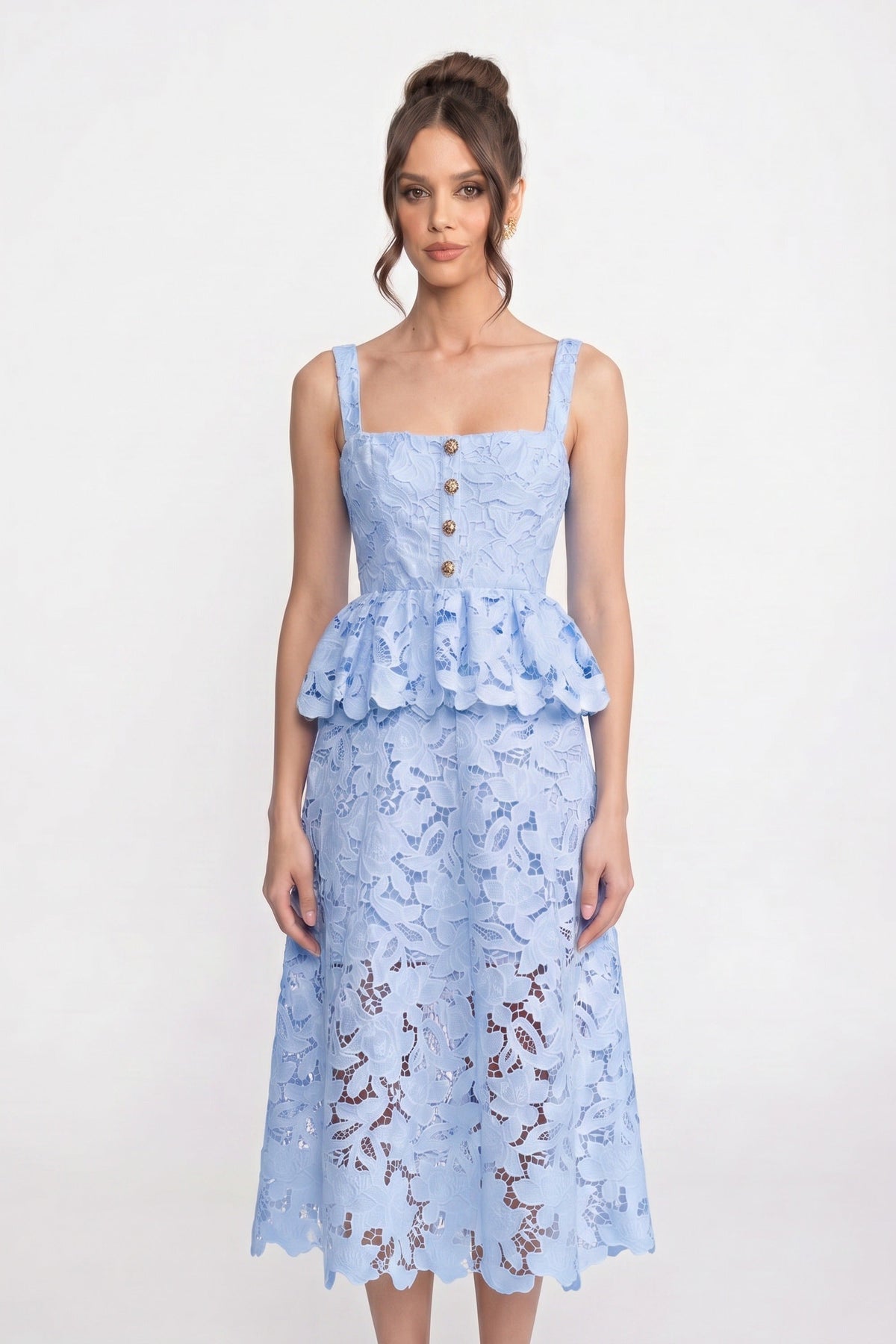 Square Neck Button Front Scallop Lace Peplum Midi Dress 6