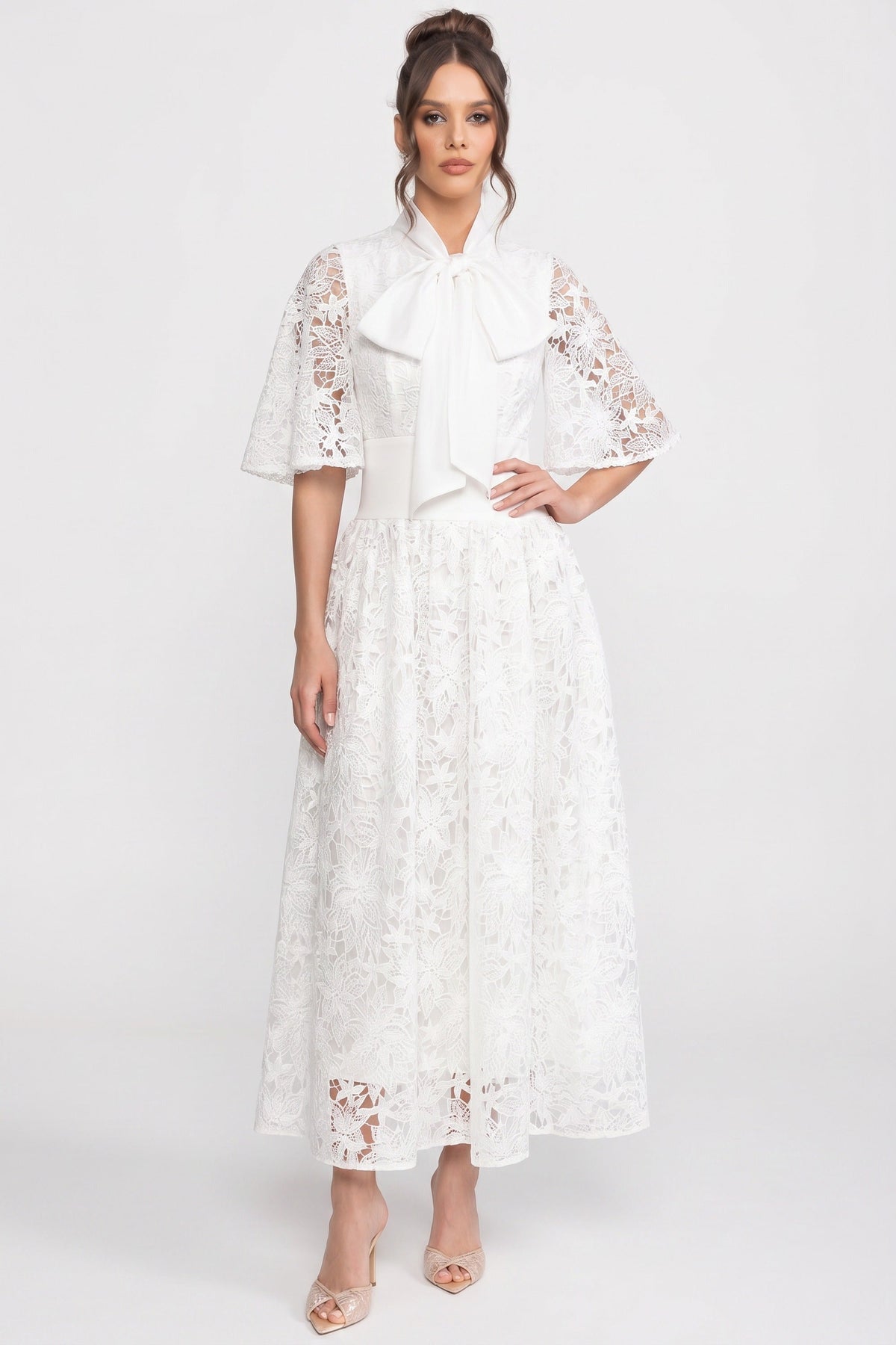 Bow Tie Neck Flutter Sleeve Floral Lace A-Line Midi Dress