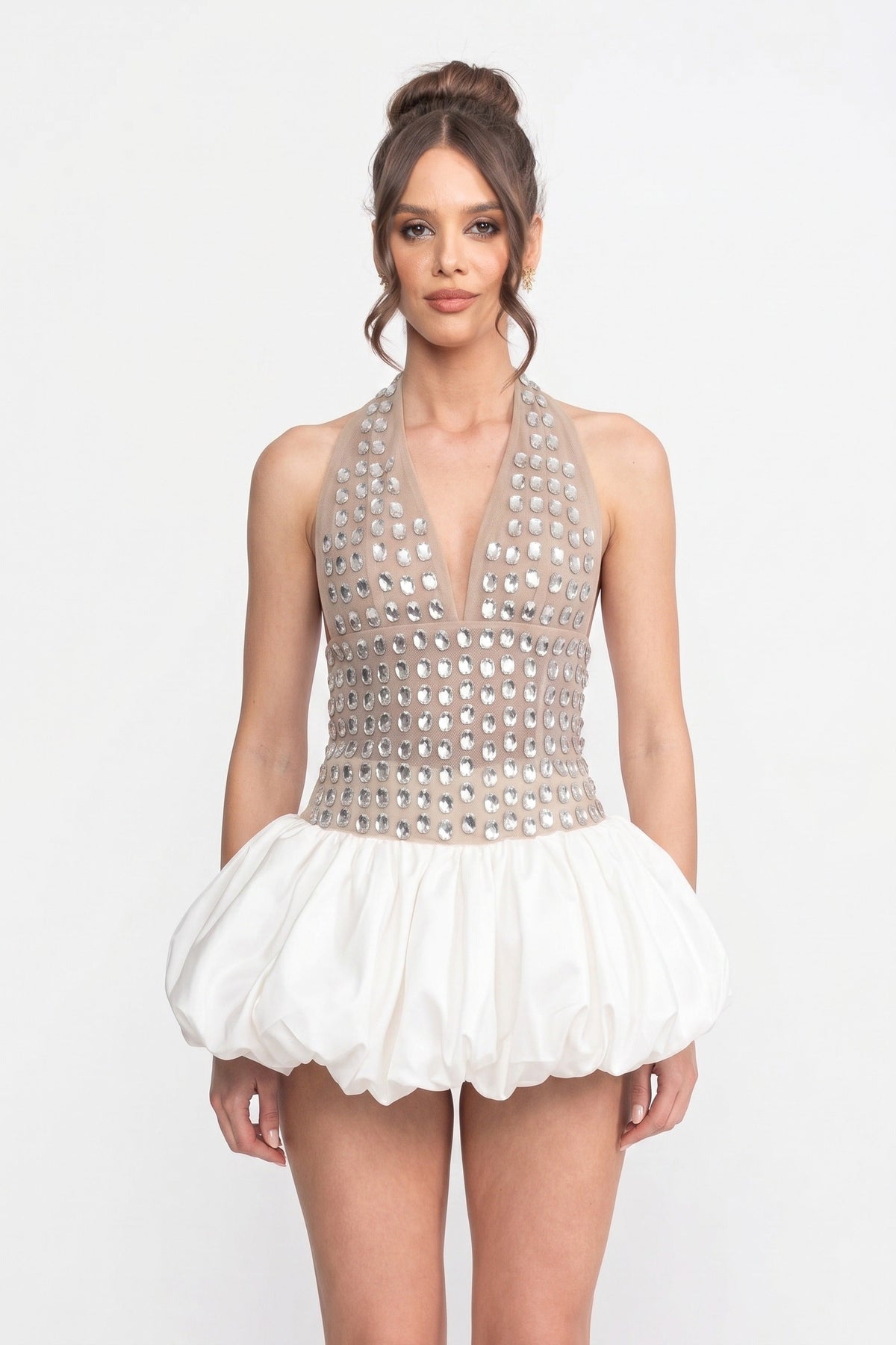 Rhinestone Embellished Mesh Halter Deep V-Neck Bubble Hem Mini Dress