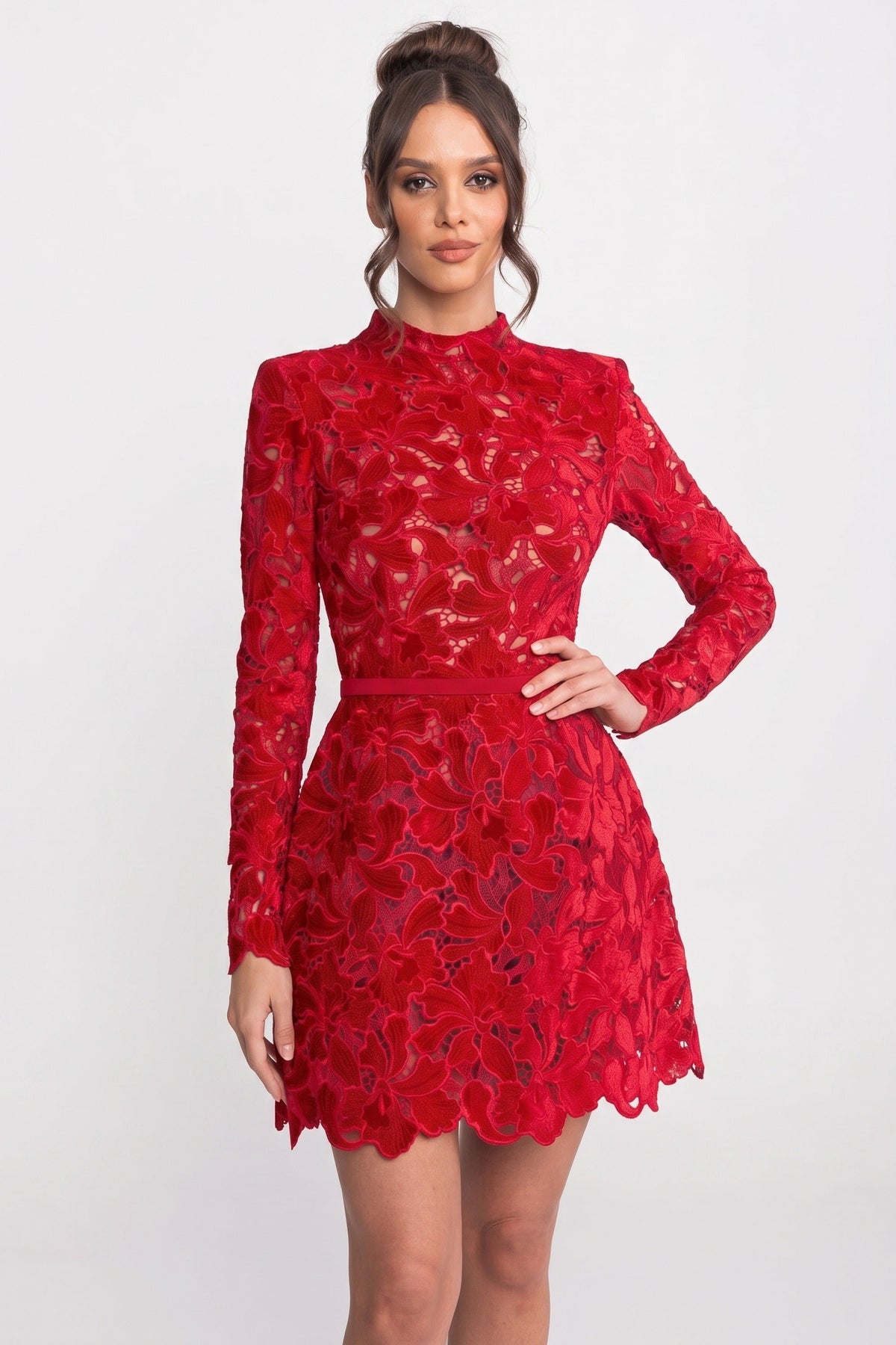 Mock Neck Long Sleeve Floral Lace Scalloped Hem Mini Dress