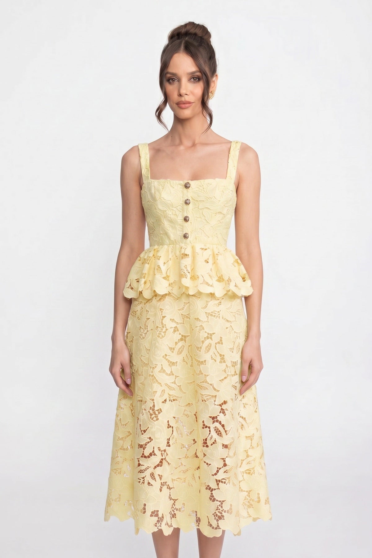 Square Neck Button Front Scallop Lace Peplum Midi Dress 7