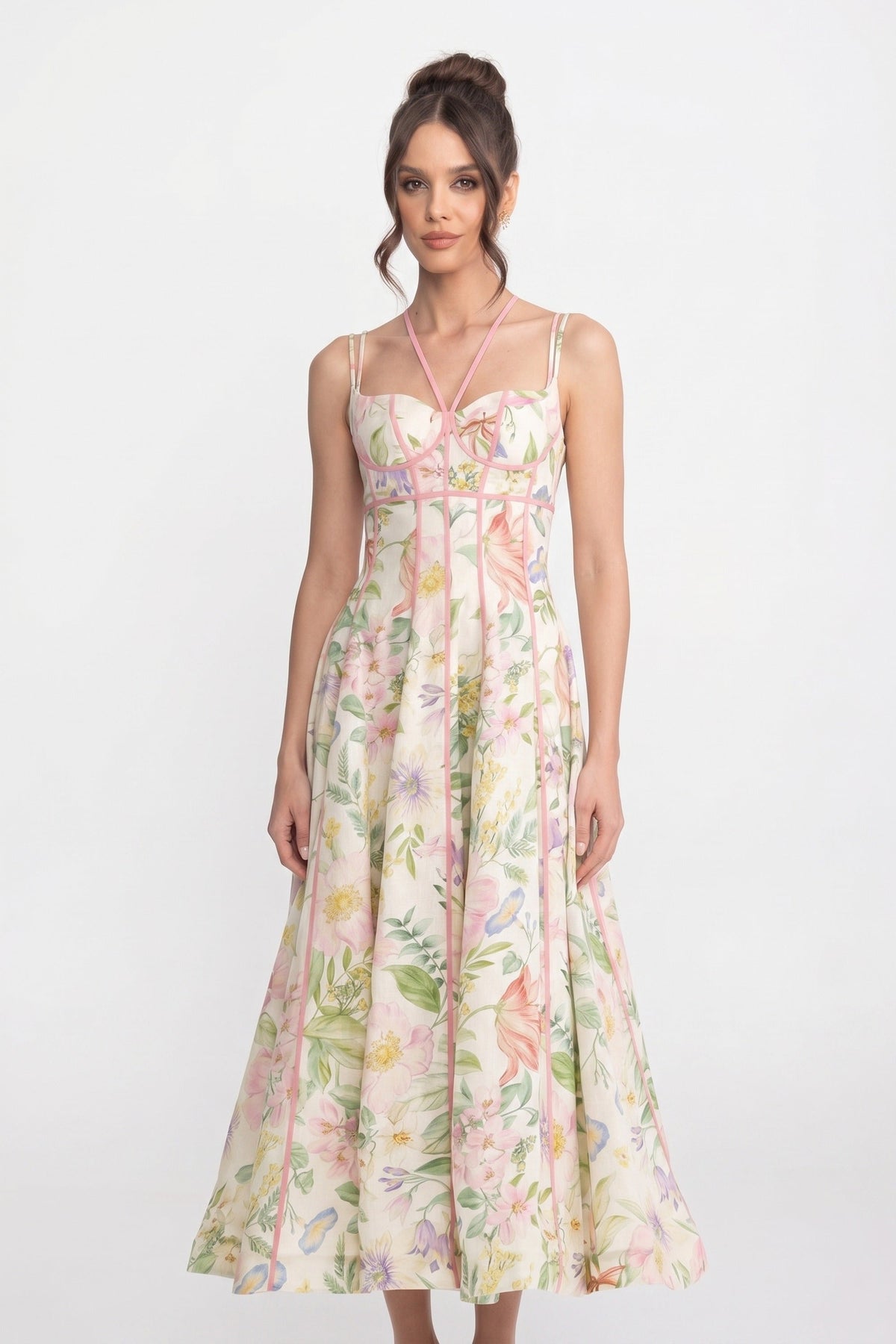 Floral Print Sweetheart Neck Contrast Piping Corset Fit and Flare Midi Dress 3