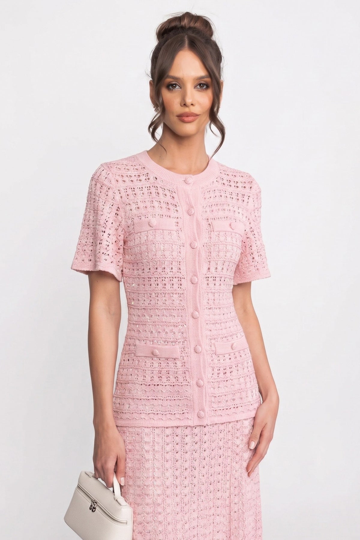 Crew Neck Short Sleeve Button Front Open Knit Flap Pocket Maxi Dress 3