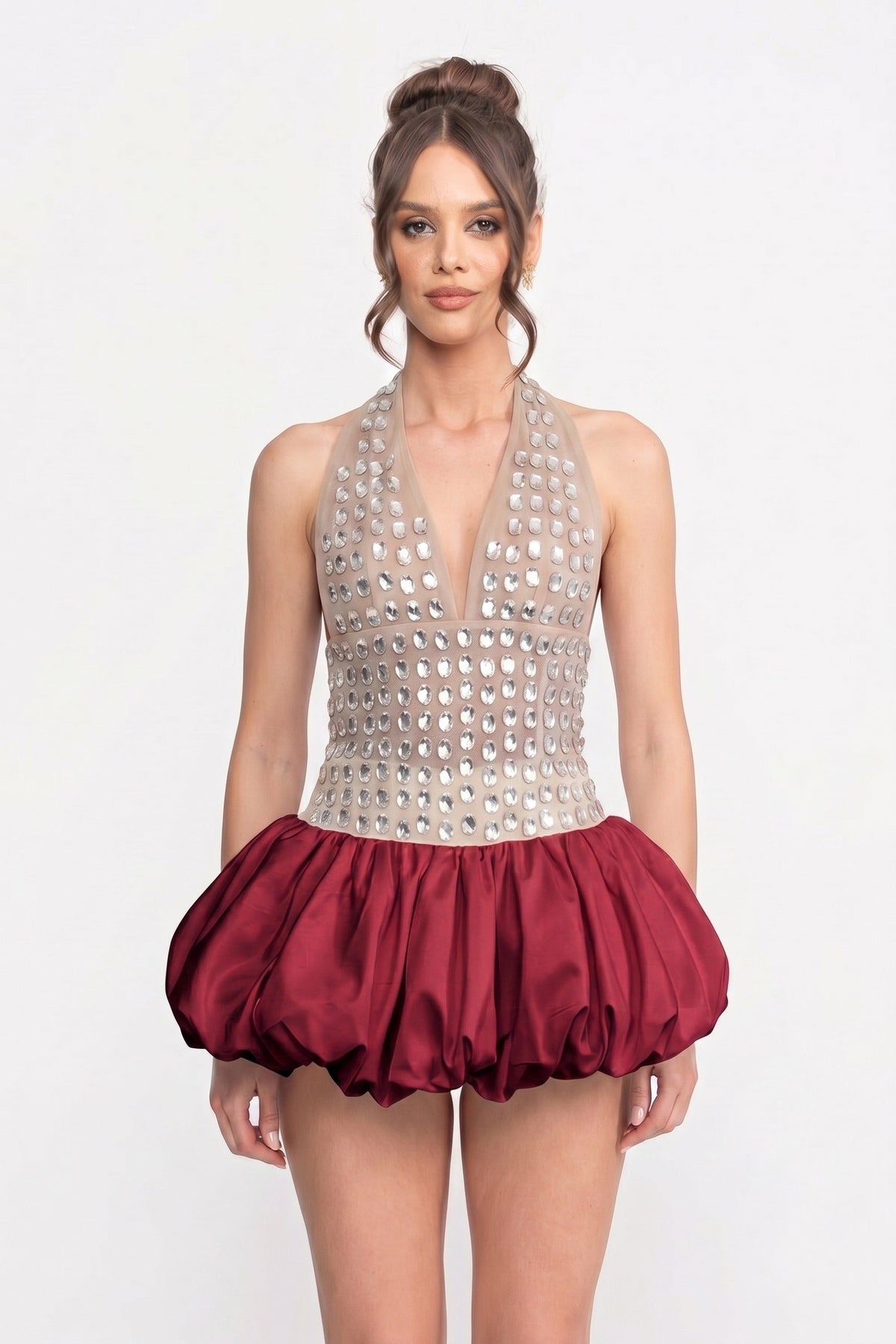 Rhinestone Embellished Mesh Halter Deep V-Neck Bubble Hem Mini Dress