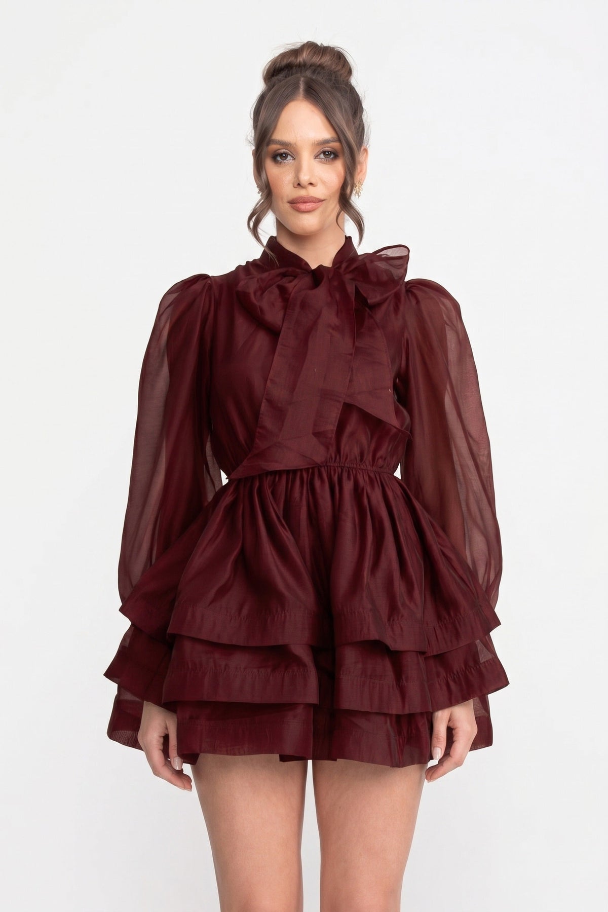 Bow Tie Neck Sheer Puff Sleeve Organza Tiered Ruffle Mini Dress