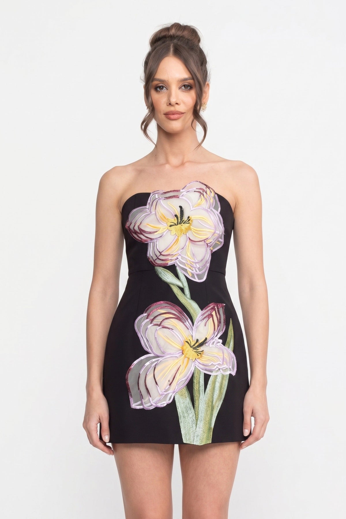 Strapless Floral Embroidered Straight Neck Fitted Mini Dress 8