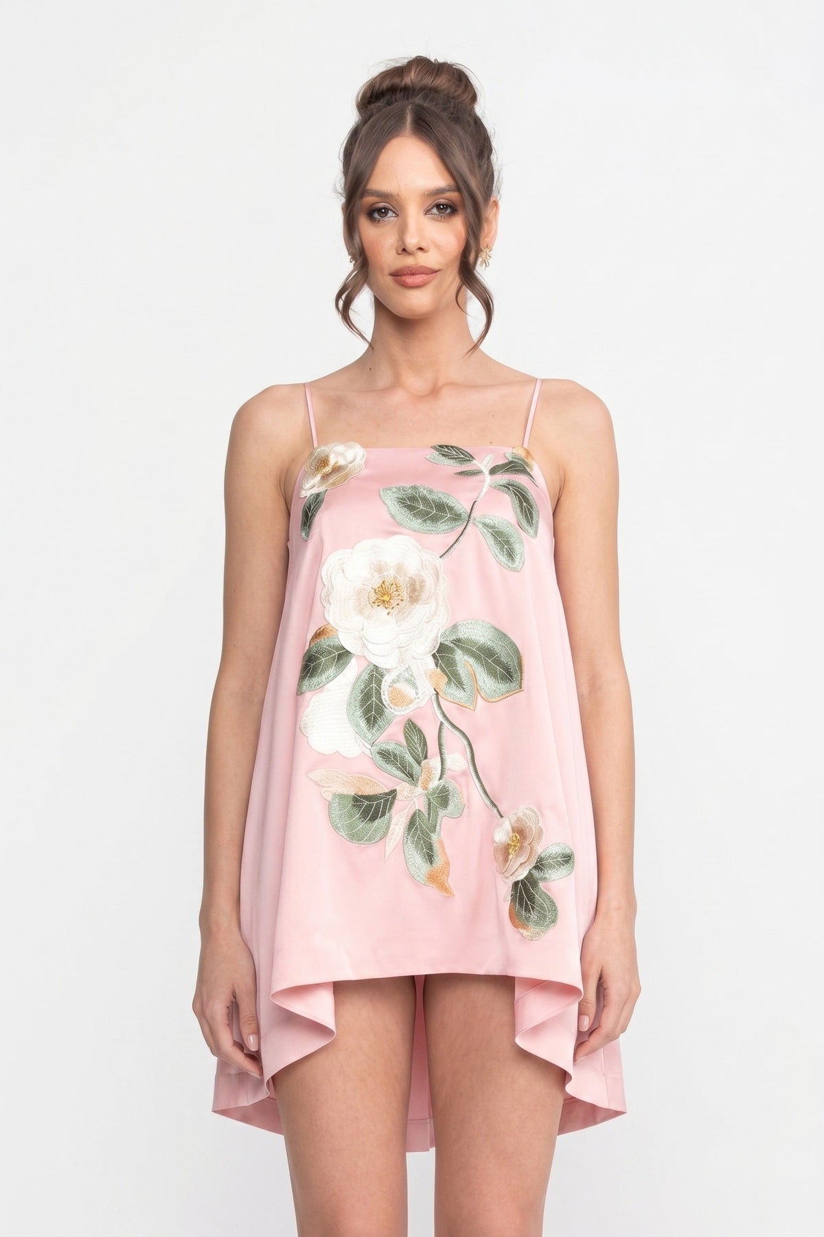 Satin Floral Applique Square Neck Spaghetti Strap Swing Mini Dress 4