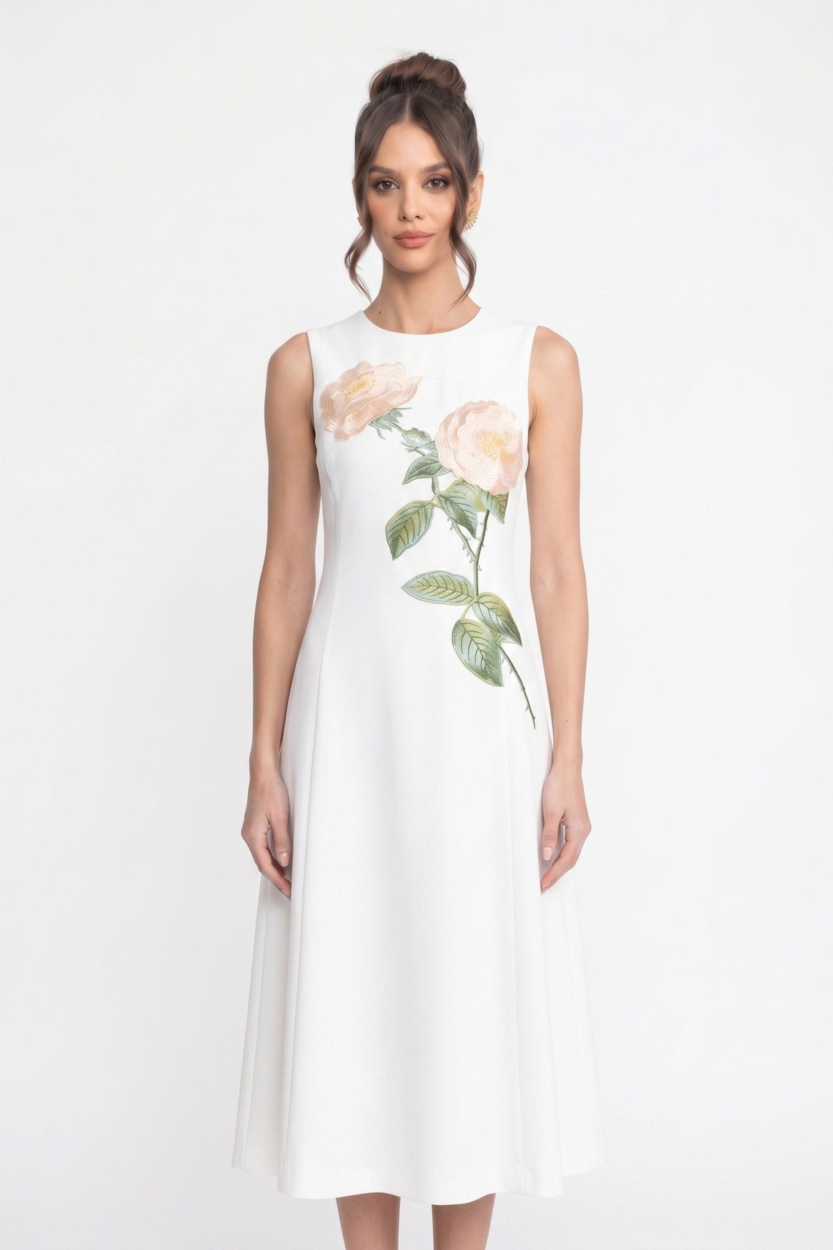 Crew Neck Sleeveless Rose Applique A-Line Midi Dress 6