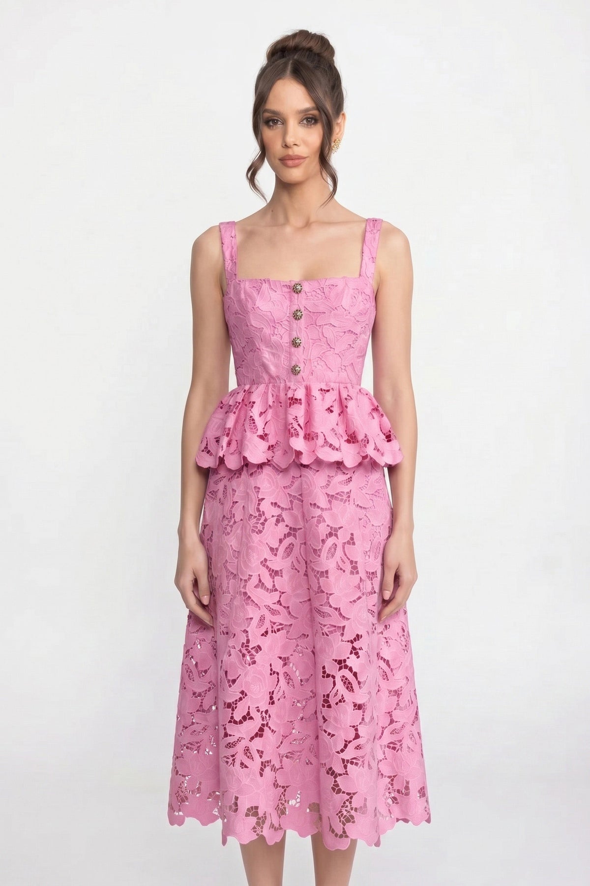 Lace Square Neck Sleeveless Button Front Scalloped Peplum Midi Dress 3
