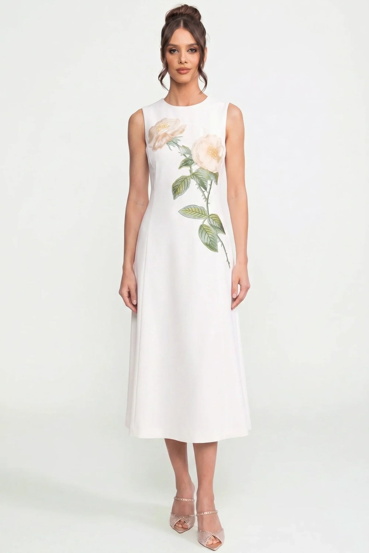 Crew Neck Sleeveless Rose Applique A-Line Midi Dress