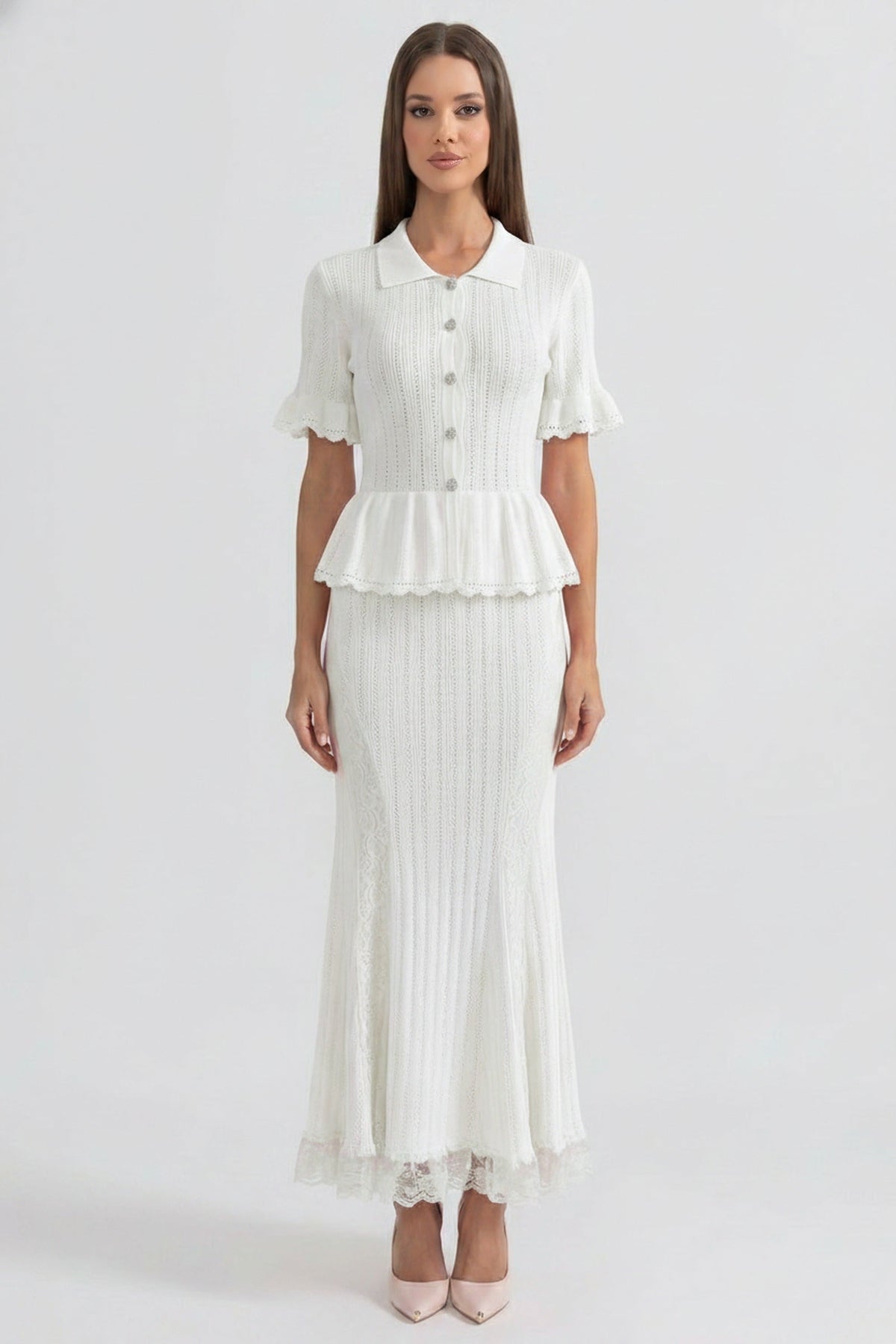 Polo Collar Short Sleeve Pointelle Knit Peplum Lace Hem Maxi Dress