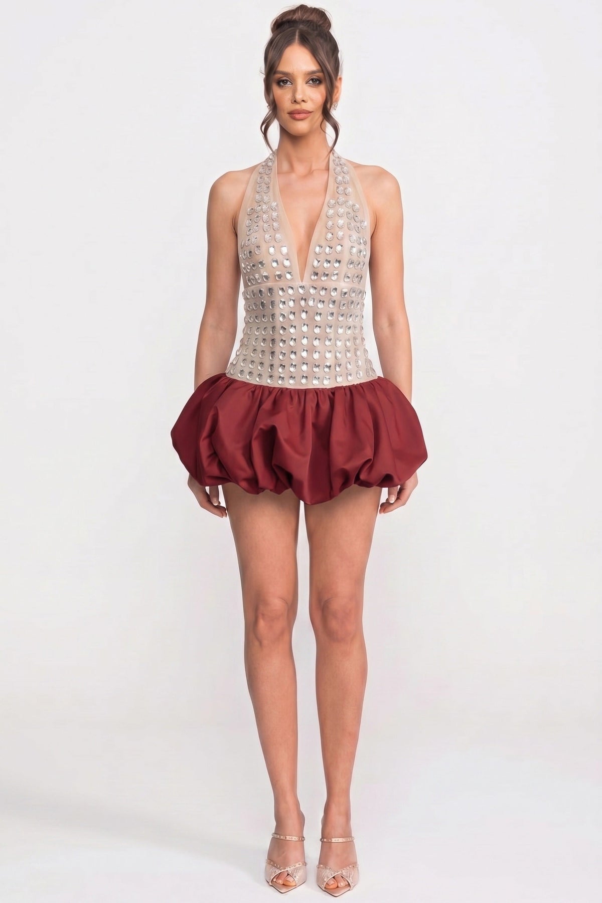 Rhinestone Embellished Mesh Halter Deep V-Neck Bubble Hem Mini Dress 4