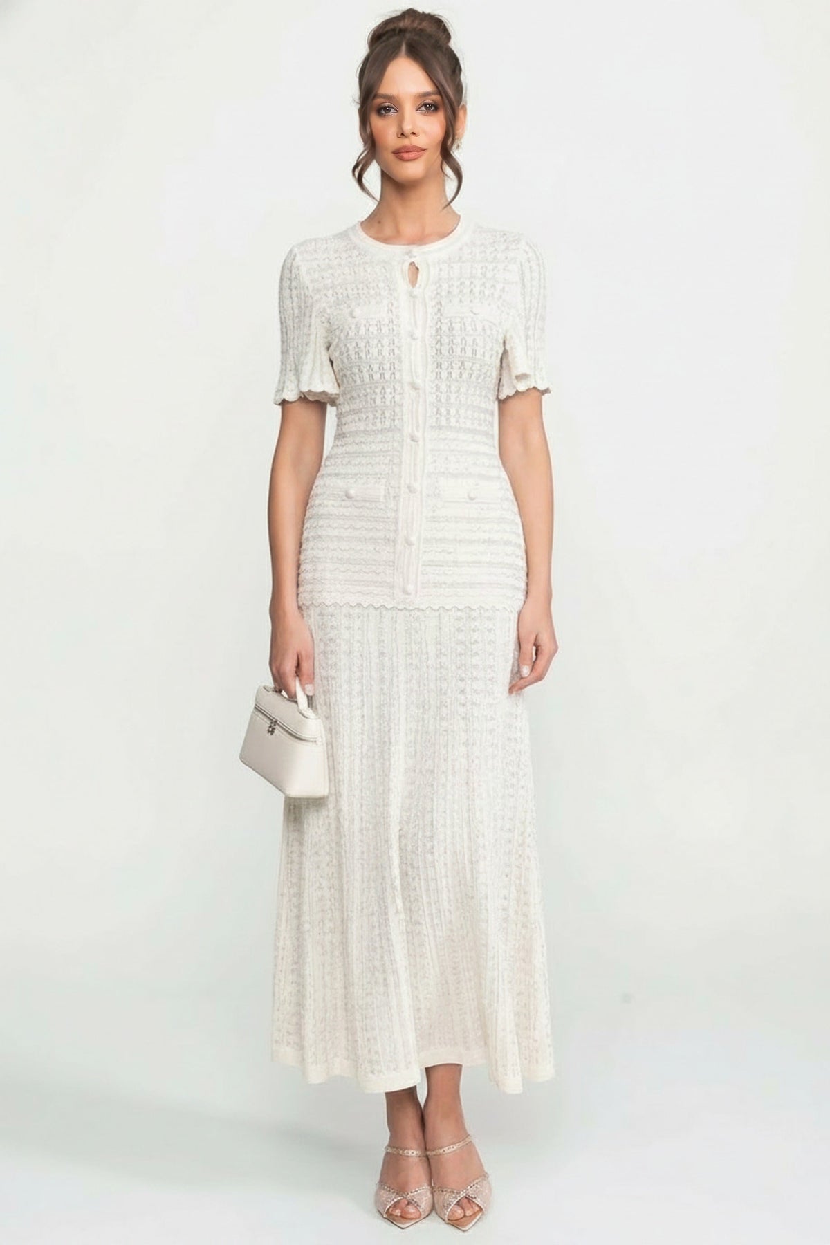 Crew Neck Flutter Sleeve Button Front Pointelle Knit Maxi Dress