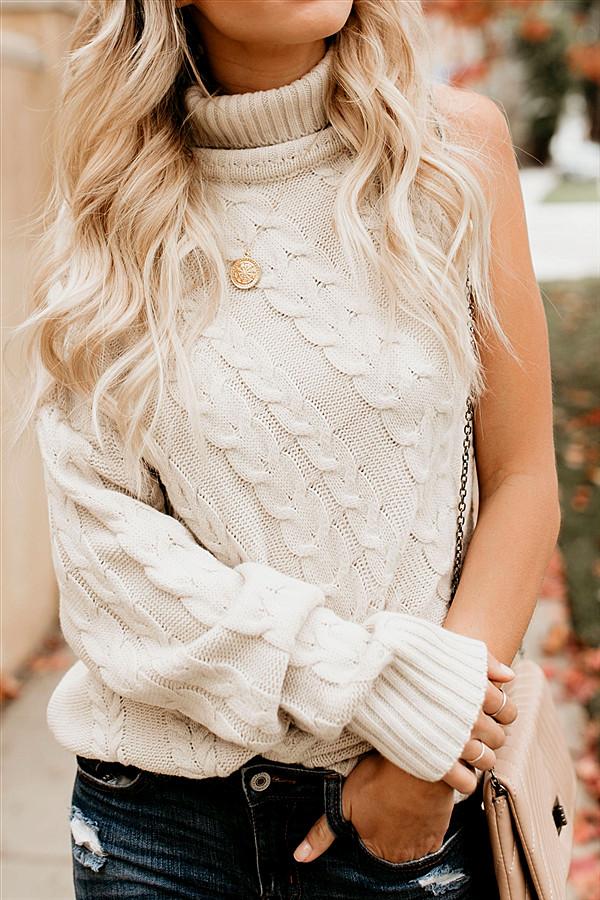 Frost Cable Knit One Sleeve Sweater - White