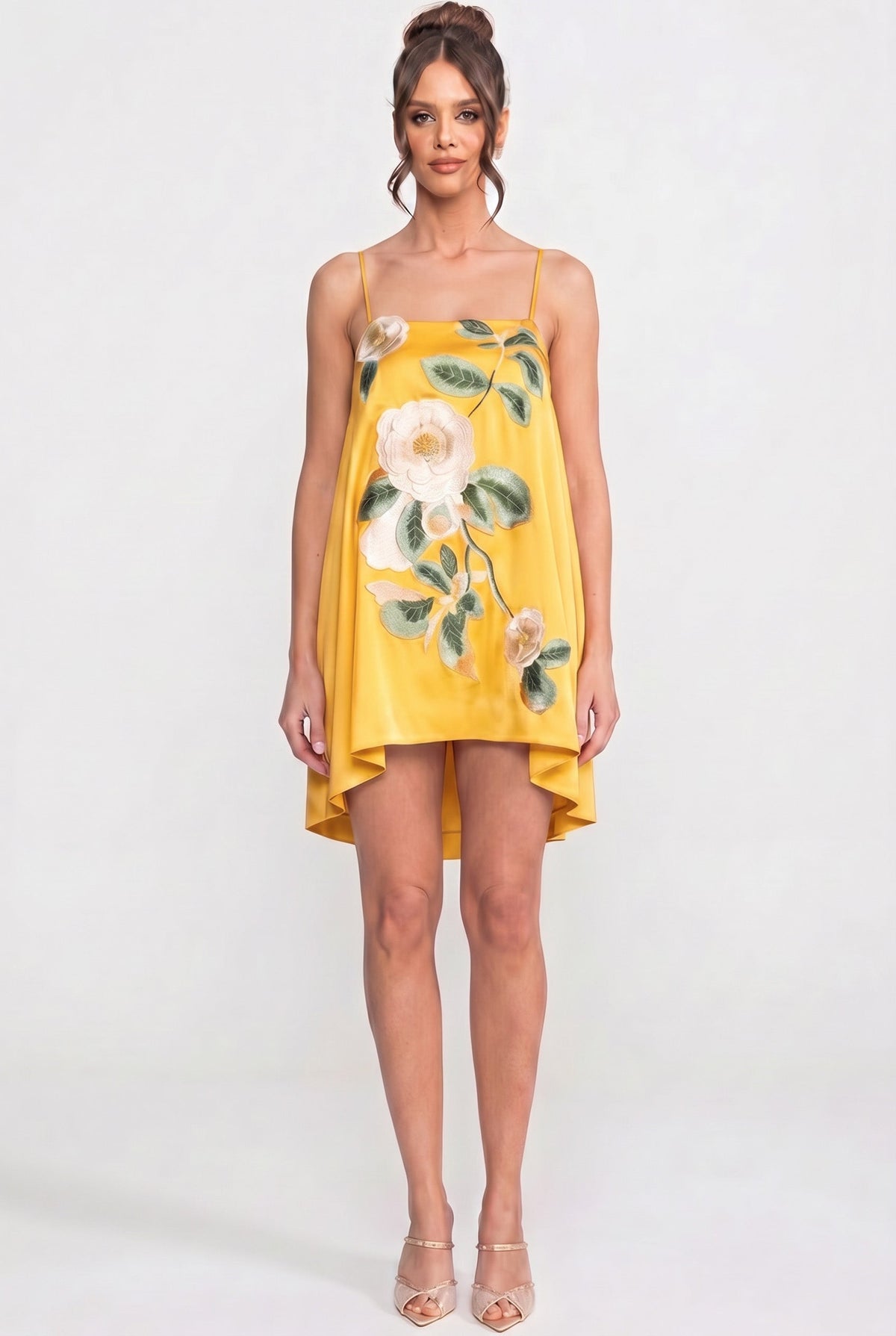 Satin Floral Applique Square Neck Spaghetti Strap Swing Mini Dress 4