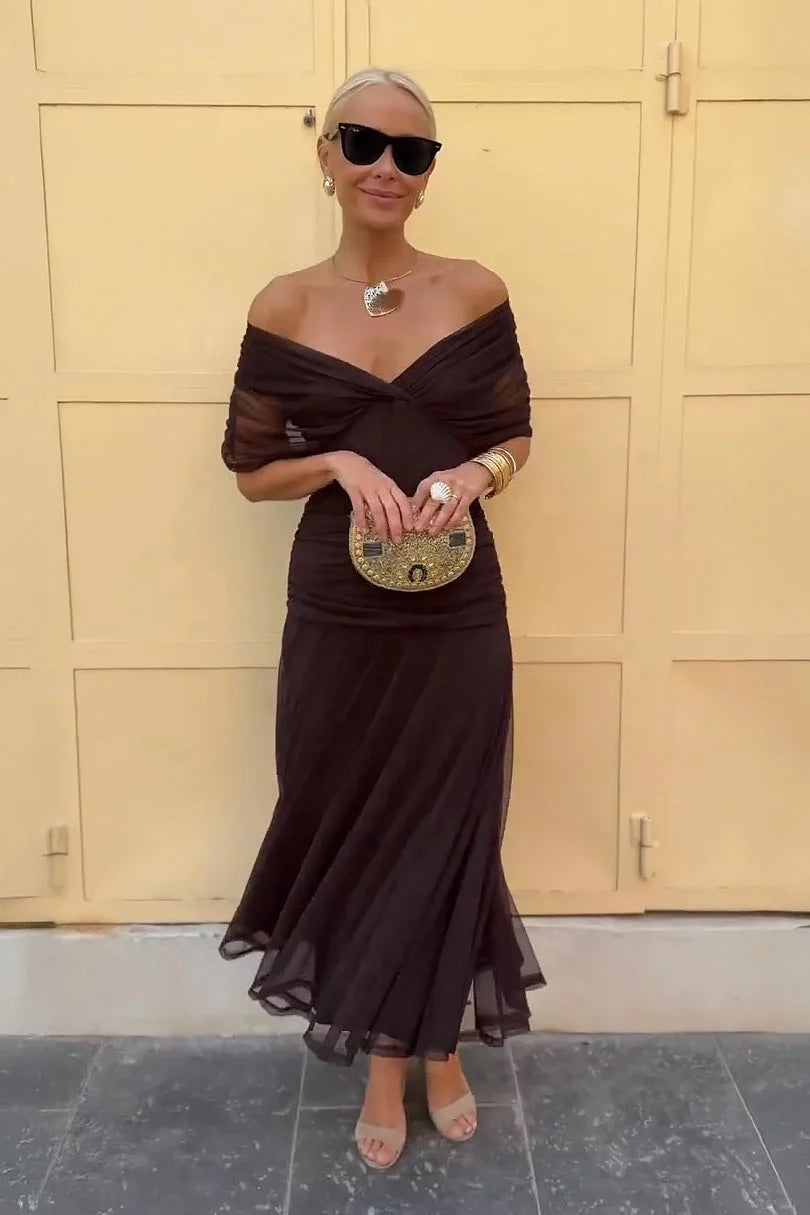 V-Neck Ruched Wrap Short Sleeve Chiffon Maxi Dress