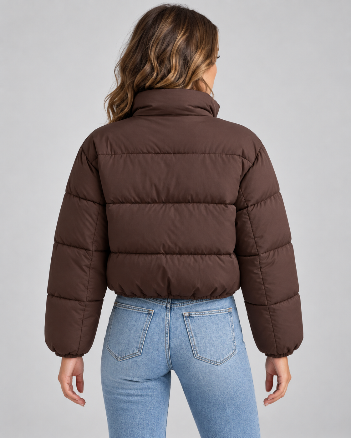 Funnel Neck Puffer Jacket - Cropped Quilted Zip Front